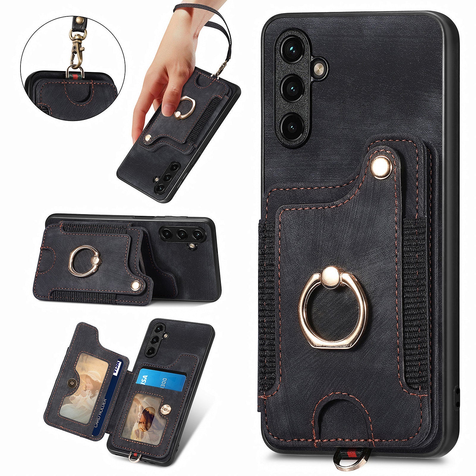 For Samsung Galaxy A34 5G Card Holder Phone Cover RFID Blocking Kickstand PU Leather PC TPU Case with Strap