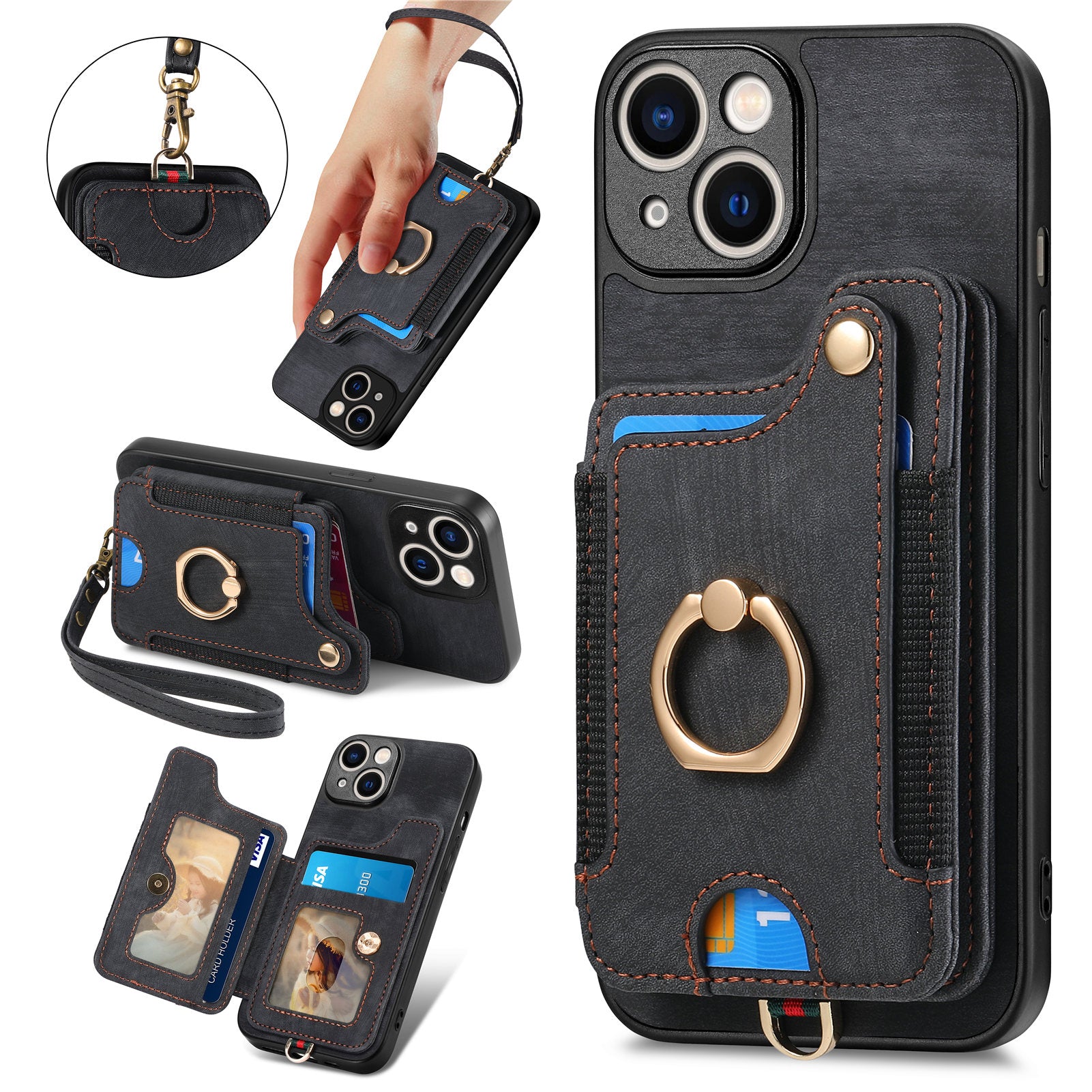 RFID Blocking Cover for iPhone 13 6.1 inch Card Holder Cell Phone PU Leather+PC+TPU Kickstand Case