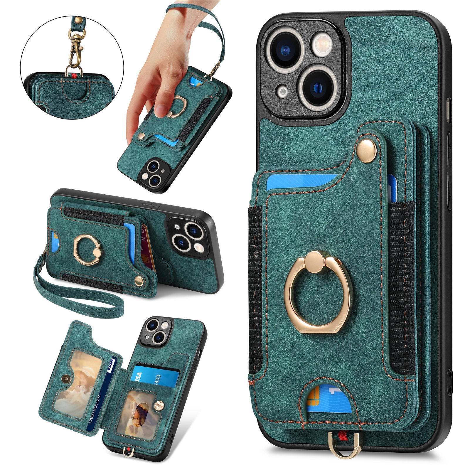 RFID Blocking Cover for iPhone 13 6.1 inch Card Holder Cell Phone PU Leather+PC+TPU Kickstand Case
