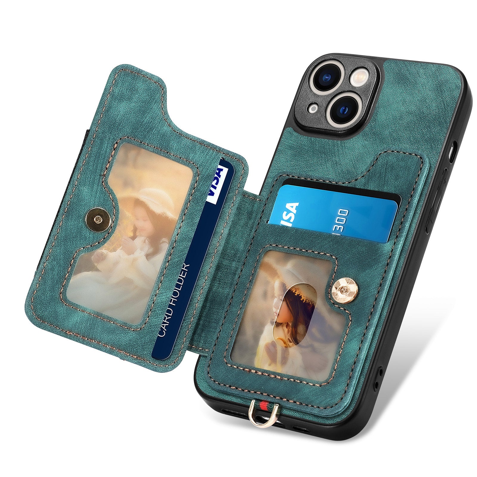 RFID Blocking Cover for iPhone 13 6.1 inch Card Holder Cell Phone PU Leather+PC+TPU Kickstand Case
