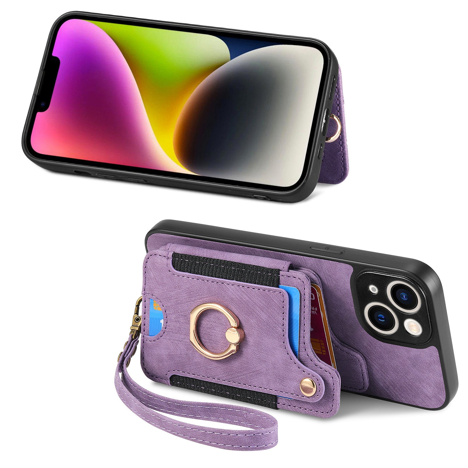 RFID Blocking Cover for iPhone 13 6.1 inch Card Holder Cell Phone PU Leather+PC+TPU Kickstand Case