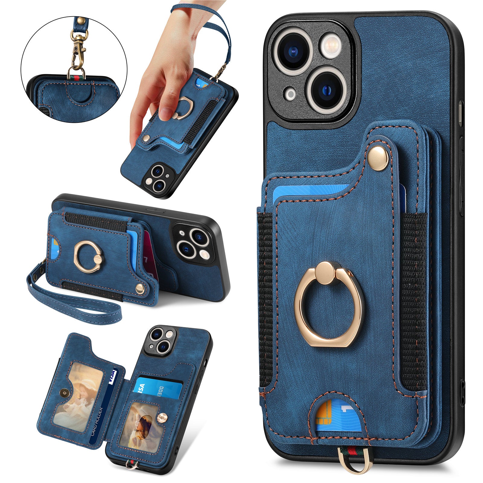 For iPhone 14 Plus Card Slot RFID Blocking Phone Case PU Leather+PC+TPU Kickstand Shockproof Cover