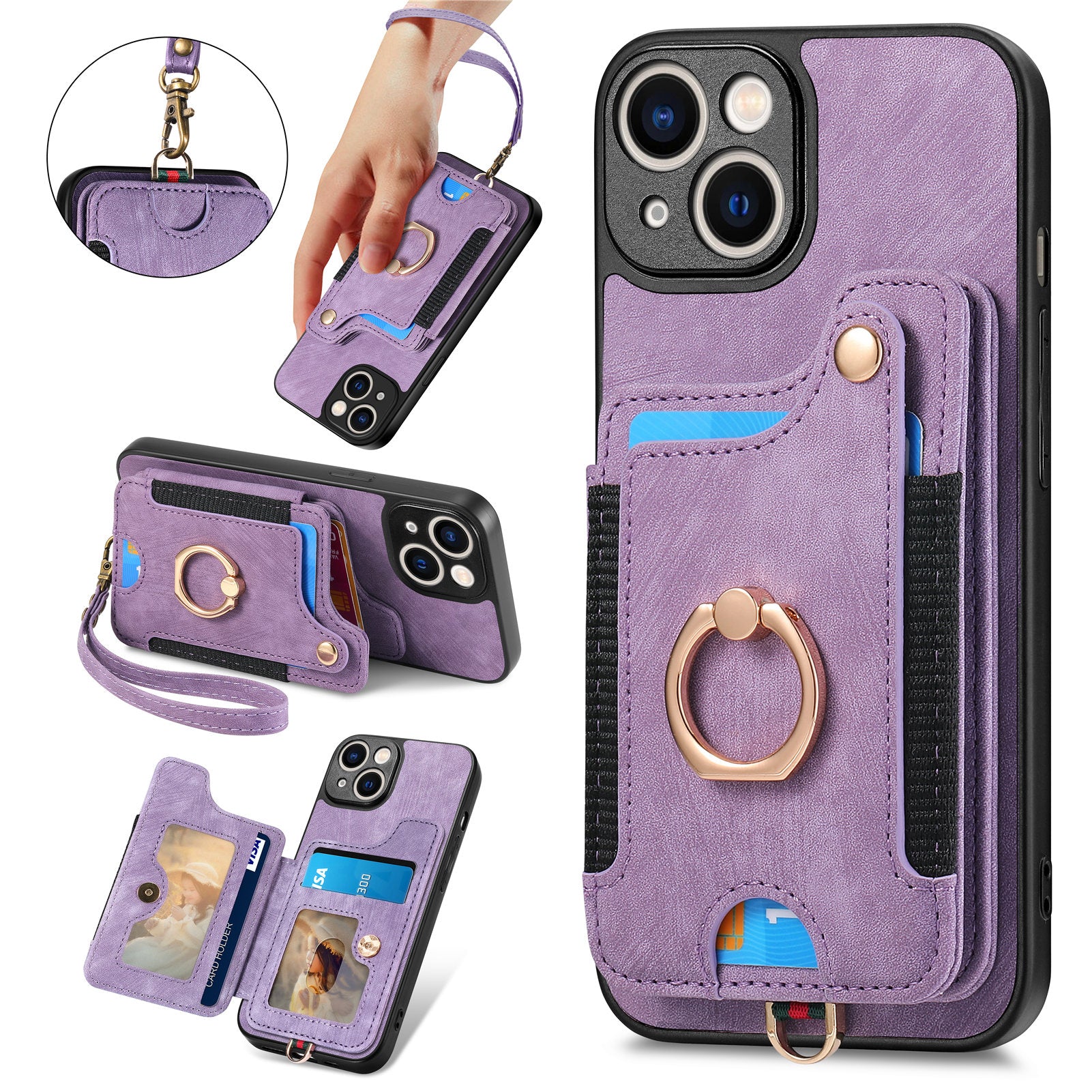For iPhone 14 Plus Card Slot RFID Blocking Phone Case PU Leather+PC+TPU Kickstand Shockproof Cover