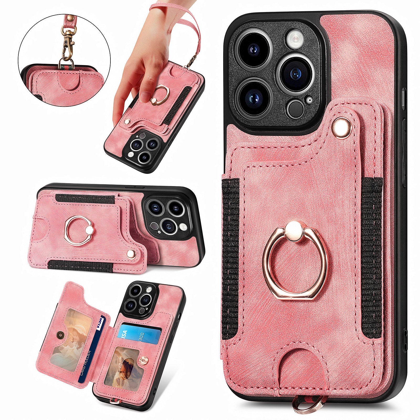 For iPhone 13 Pro Max Kickstand Card Slots Case PU Leather Coated PC+TPU RFID Blocking Phone Cover