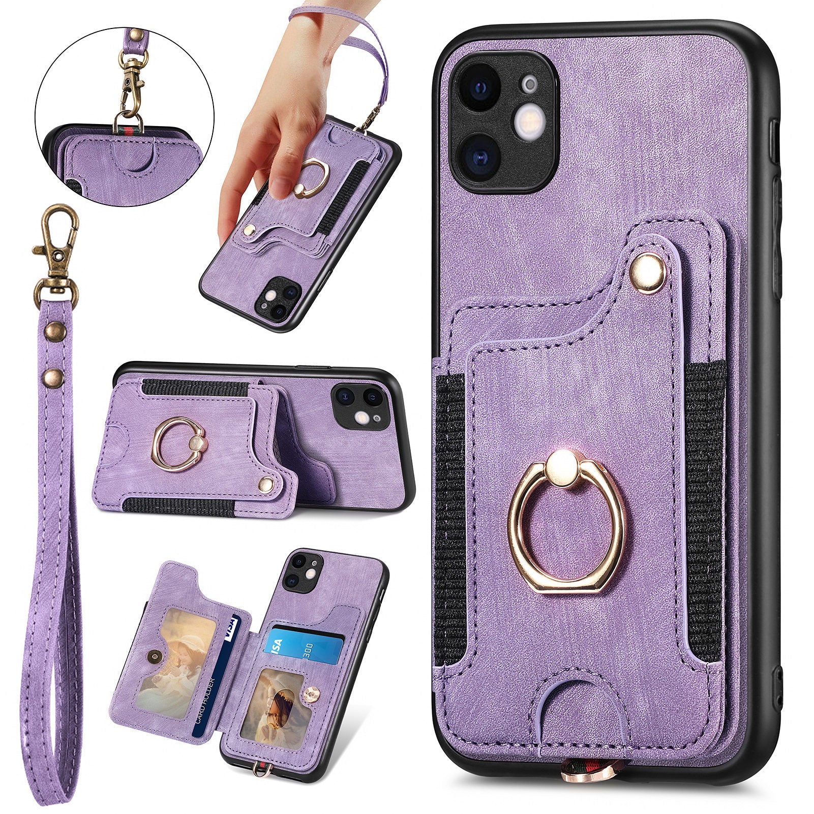 For iPhone 11 Card Holder RFID Blocking Phone Case PU Leather Coated PC+TPU Kickstand Cover