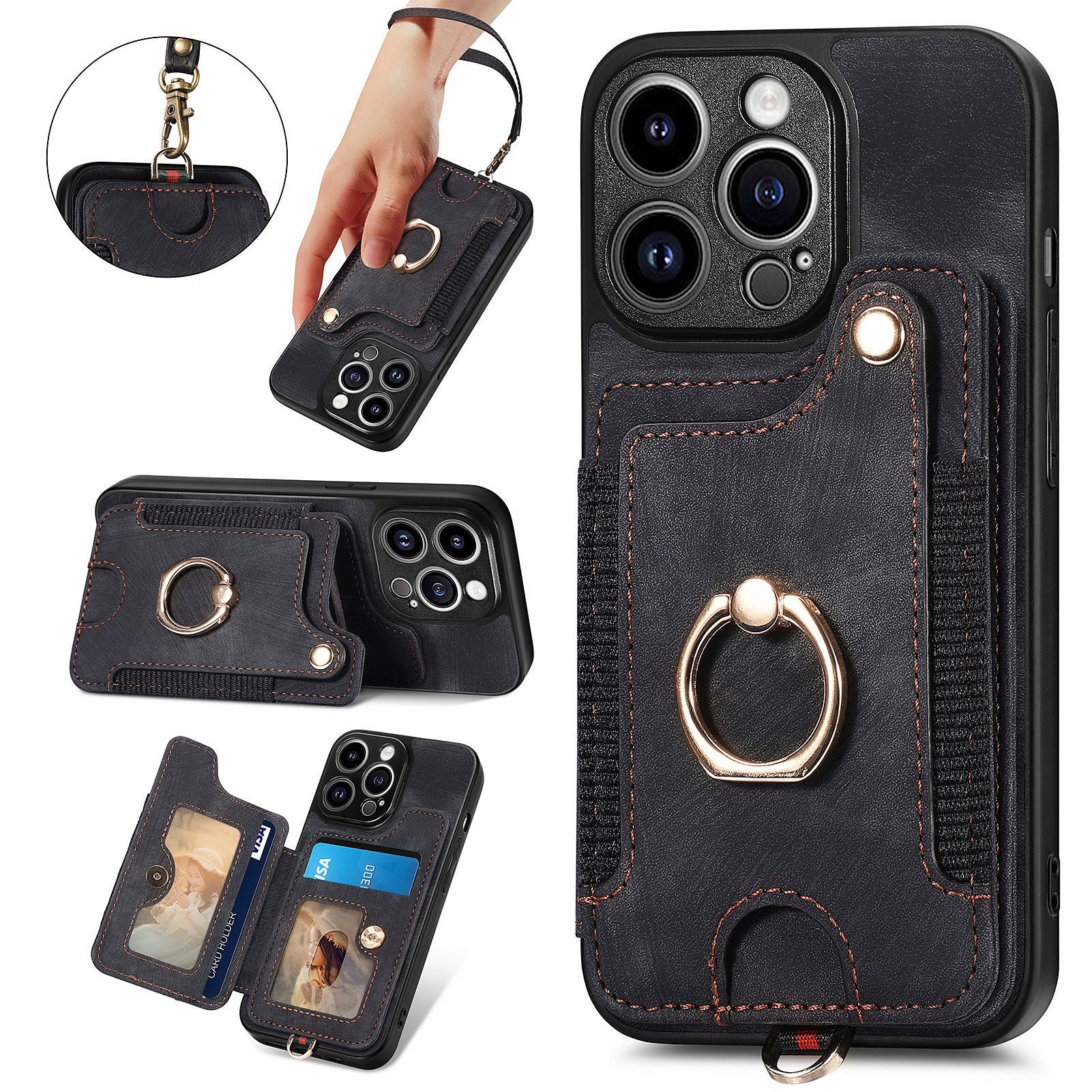 For iPhone 14 Pro Max Card Slots Phone Case Kickstand PU Leather Coated PC+TPU RFID Blocking Cover