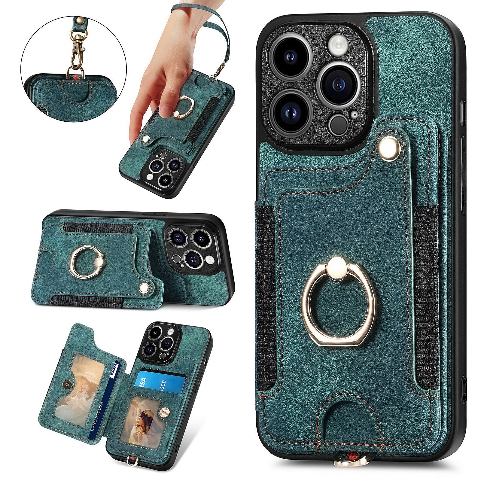 For iPhone 14 Pro Max Card Slots Phone Case Kickstand PU Leather Coated PC+TPU RFID Blocking Cover