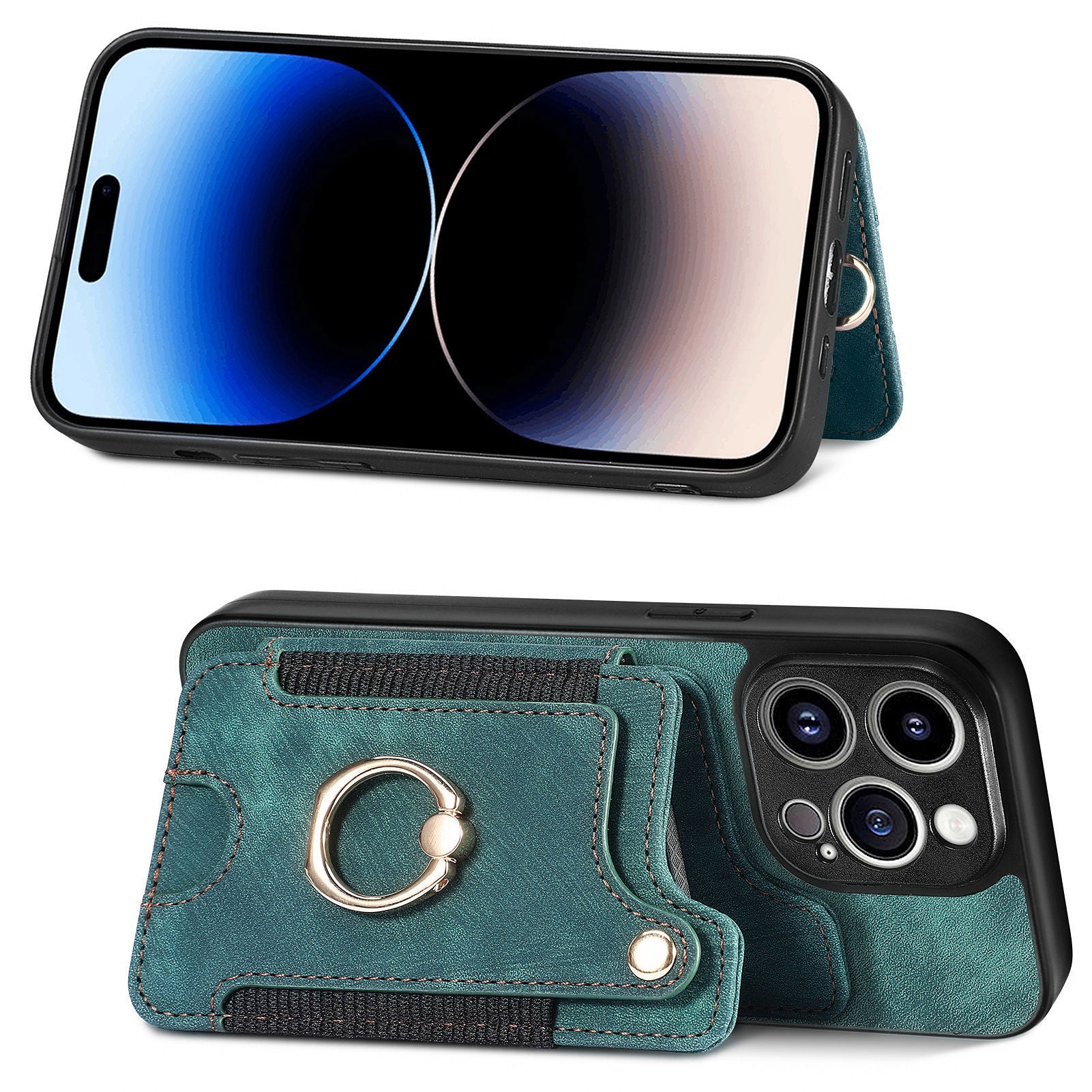 For iPhone 14 Pro Max Card Slots Phone Case Kickstand PU Leather Coated PC+TPU RFID Blocking Cover
