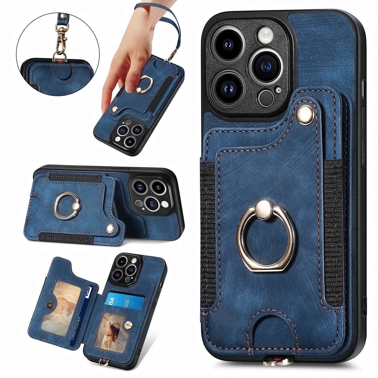 For iPhone 13 Pro PU Leather Coated PC+TPU Kickstand Cover RFID Blocking Card Slots Phone Case