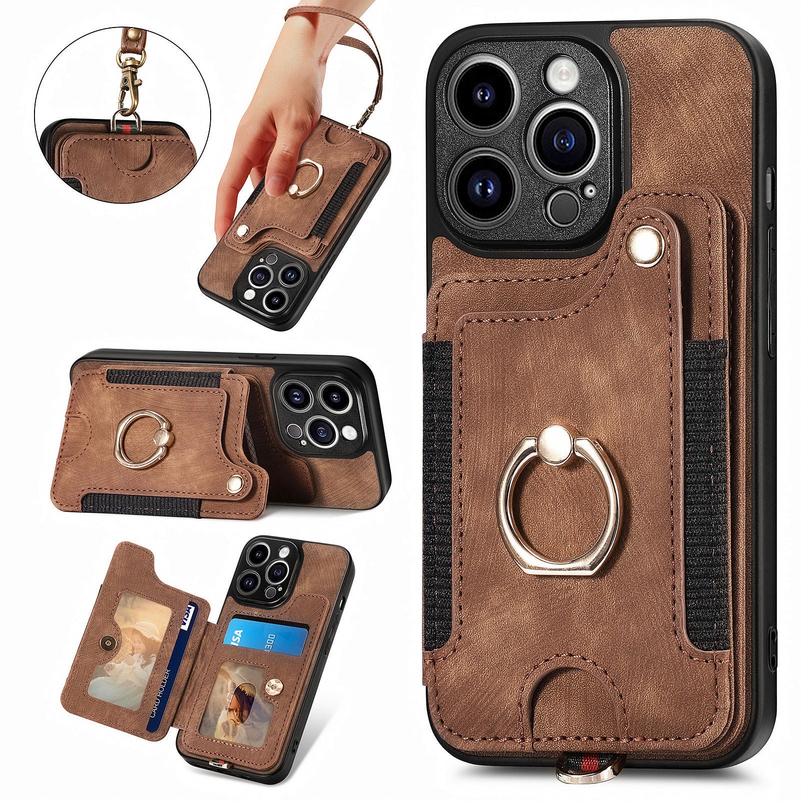 For iPhone 13 Pro PU Leather Coated PC+TPU Kickstand Cover RFID Blocking Card Slots Phone Case