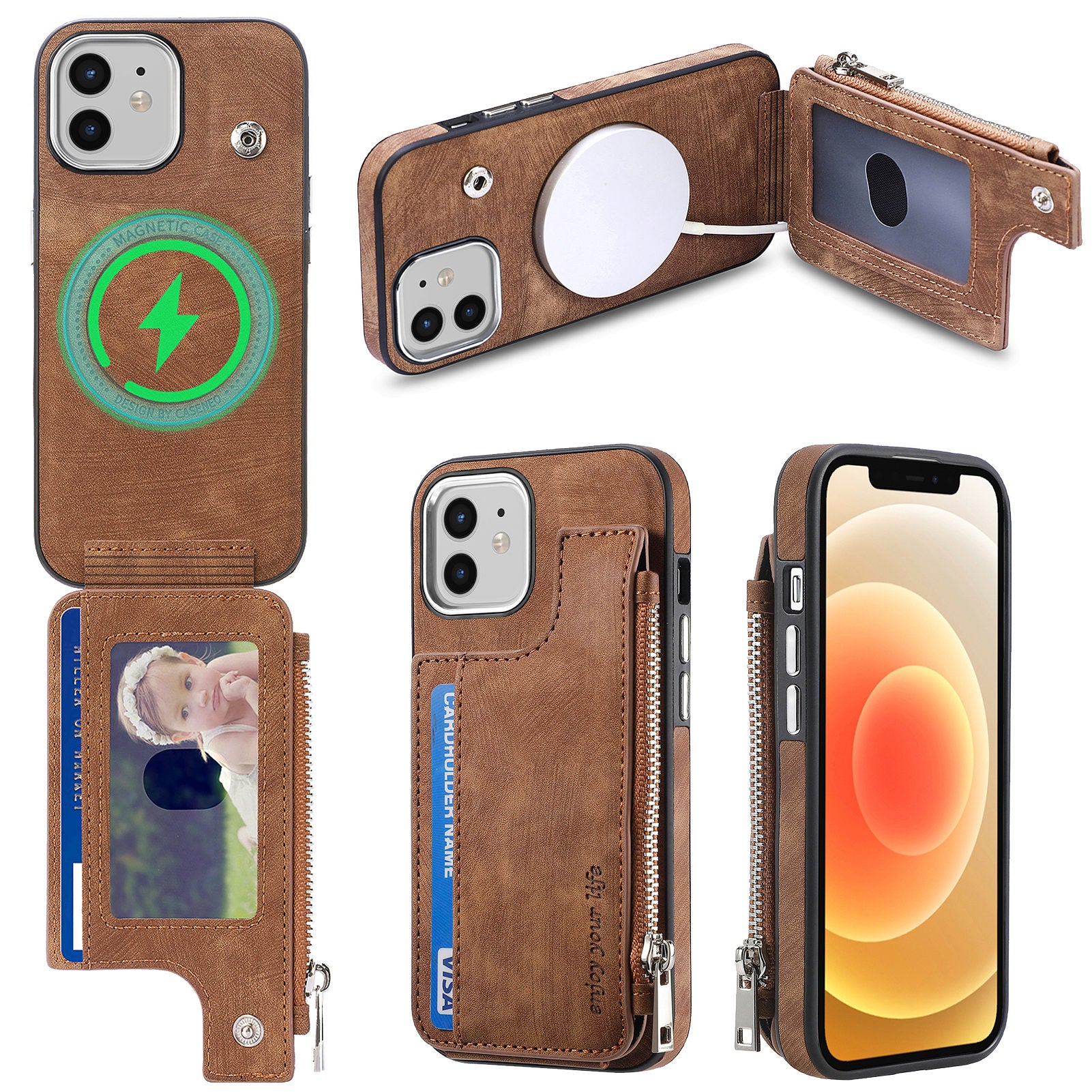 For iPhone 12 12 Pro 6.1 inch Zippered Wallet Phone Case PU Leather Coated TPU Phone Cover Compatible with MagSafe Charger