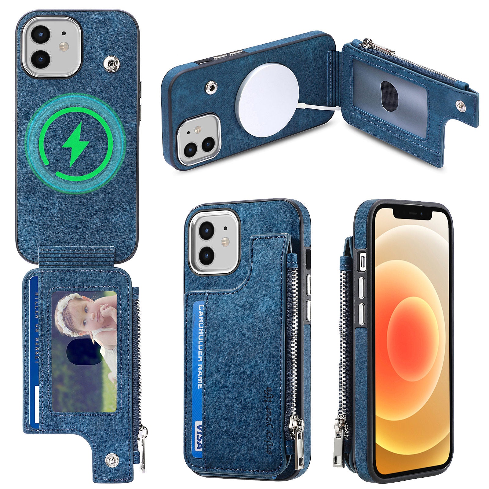 For iPhone 12 12 Pro 6.1 inch Zippered Wallet Phone Case PU Leather Coated TPU Phone Cover Compatible with MagSafe Charger