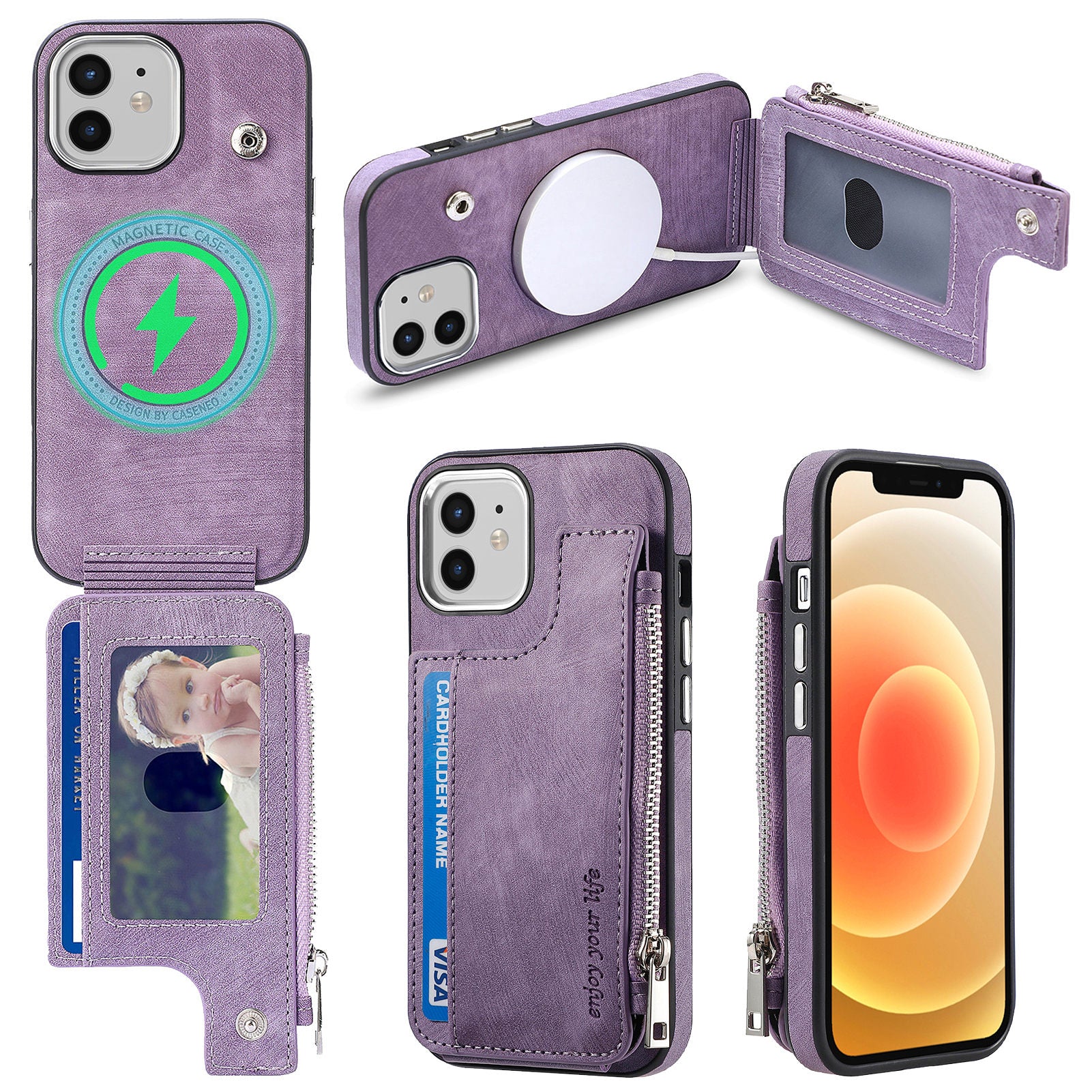 For iPhone 12 12 Pro 6.1 inch Zippered Wallet Phone Case PU Leather Coated TPU Phone Cover Compatible with MagSafe Charger