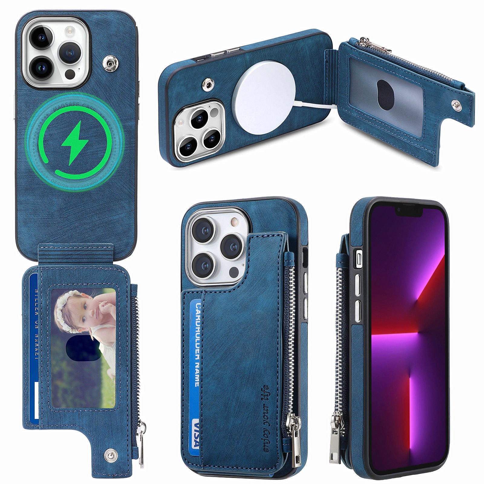 Shockproof Case for iPhone 13 Pro 6.1 inch Zippered Wallet Magnetic Phone Shell PU Leather TPU Phone Cover