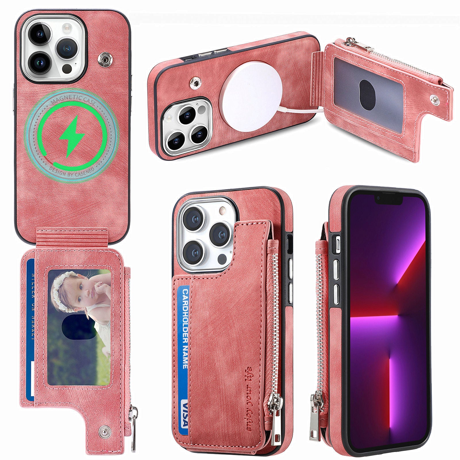 Shockproof Case for iPhone 13 Pro 6.1 inch Zippered Wallet Magnetic Phone Shell PU Leather TPU Phone Cover