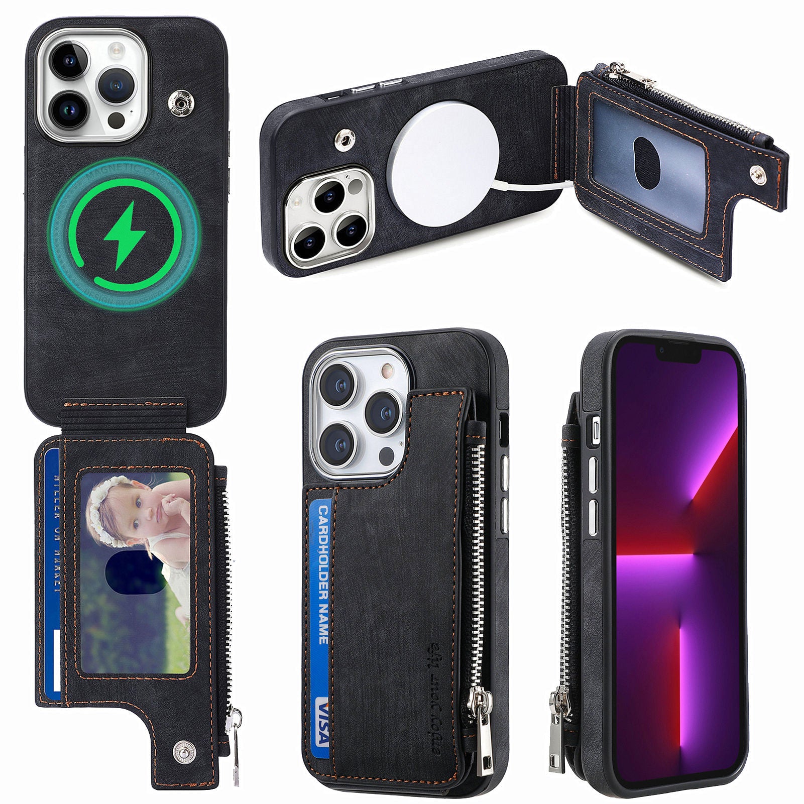 For iPhone 13 Pro Max 6.7 inch Magnetic Phone Case Anti-Drop PU Leather TPU Phone Cover with Zippered Wallet Kickstand