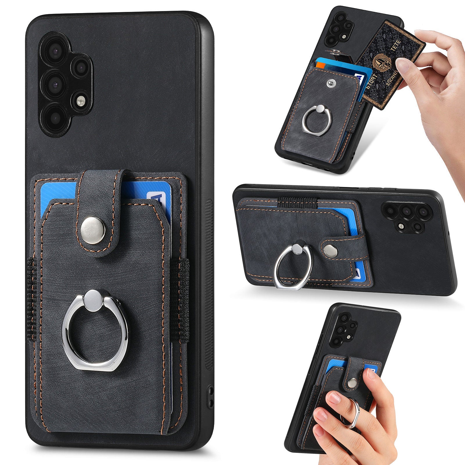 Phone Case for Samsung Galaxy A32 5G / M32 5G Ring Kickstand PU Leather Coated PC TPU Card Slot Cover