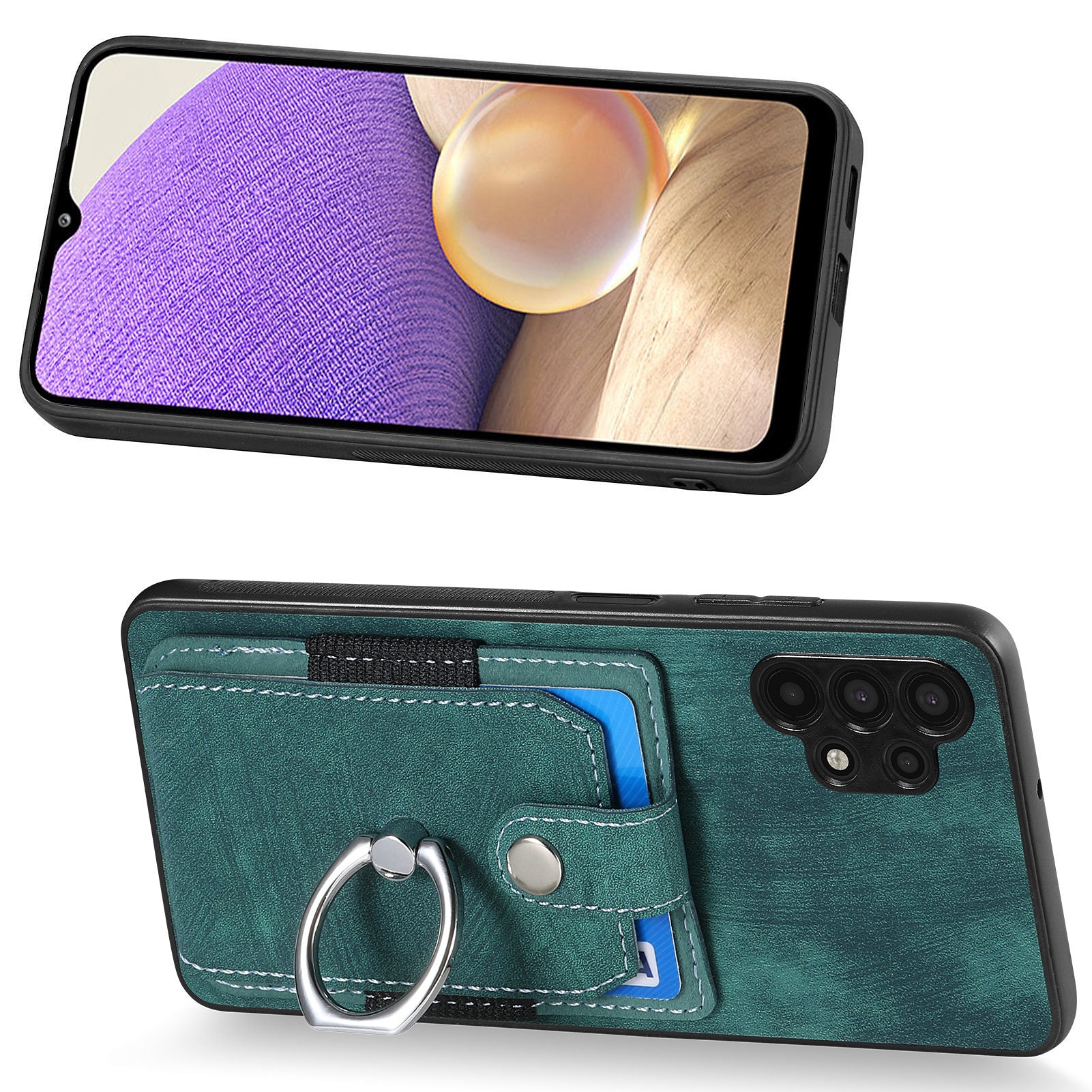 Phone Case for Samsung Galaxy A32 5G / M32 5G Ring Kickstand PU Leather Coated PC TPU Card Slot Cover