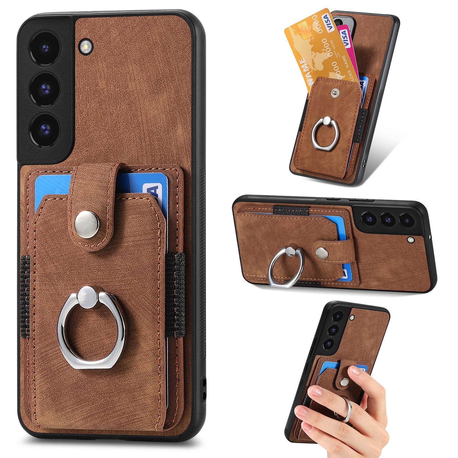 Phone Case for Samsung Galaxy S22 5G Ring Kickstand PU Leather Coated PC TPU Cover with Card Slot