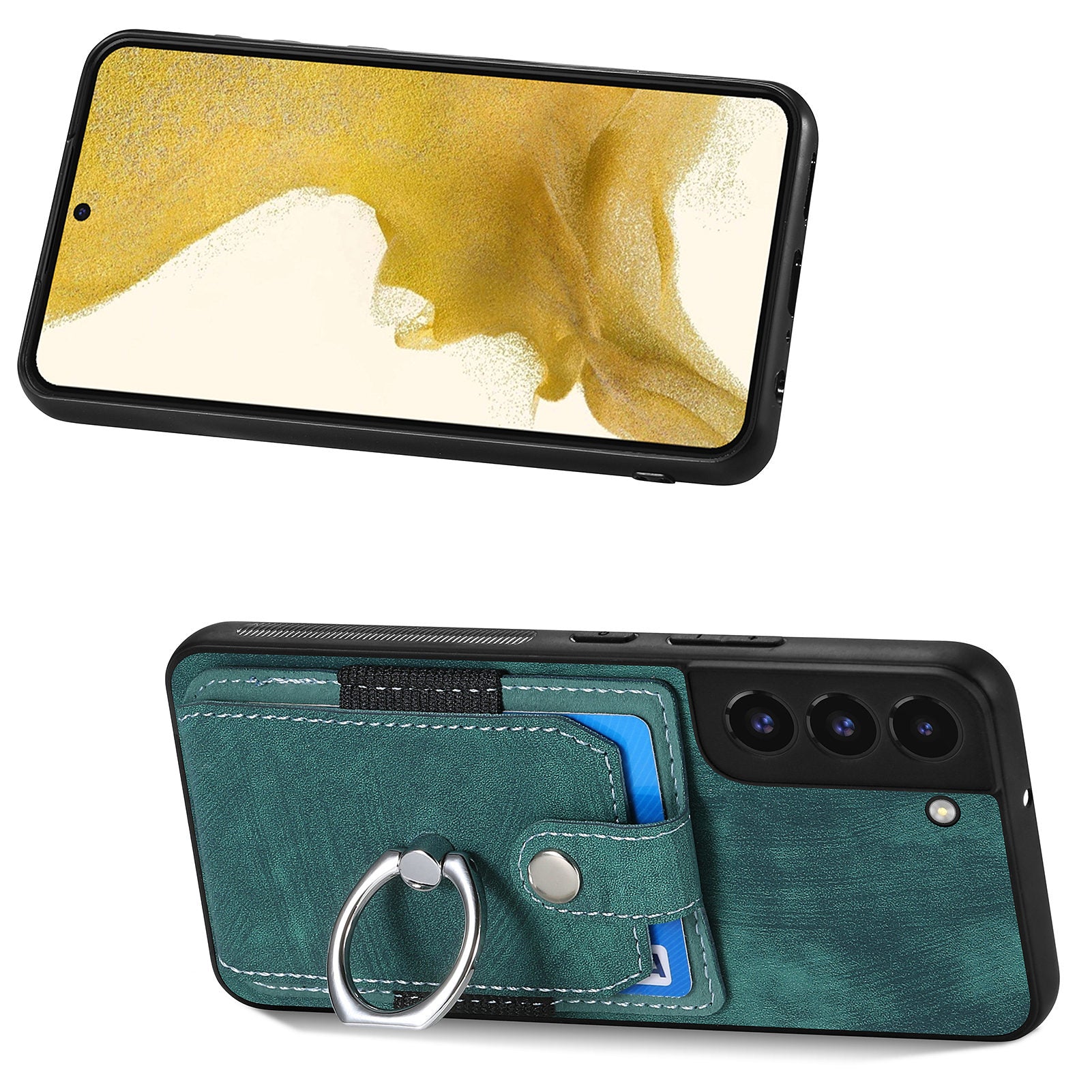 Phone Case for Samsung Galaxy S22 5G Ring Kickstand PU Leather Coated PC TPU Cover with Card Slot