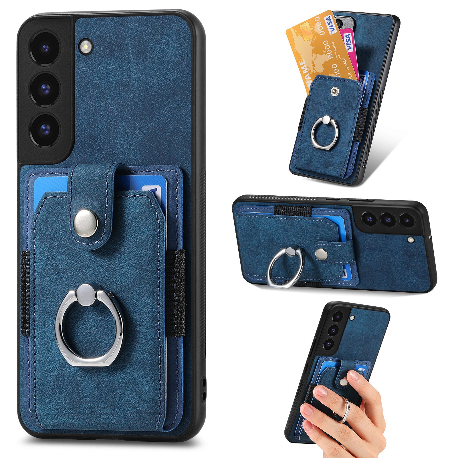 Phone Case for Samsung Galaxy S22 5G Ring Kickstand PU Leather Coated PC TPU Cover with Card Slot