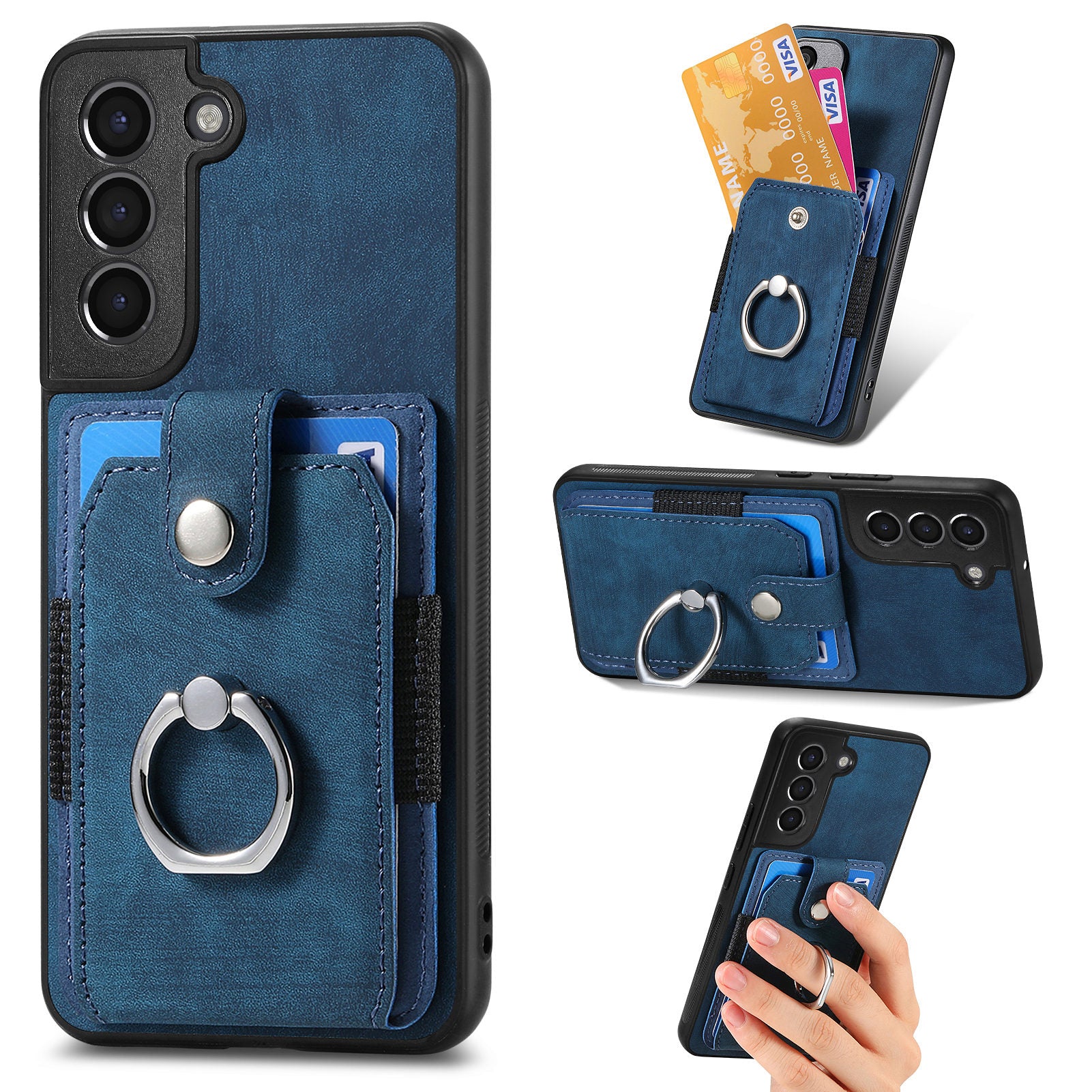 Phone Case for Samsung Galaxy S21 4G / 5G PU Leather PC TPU Card Slot Cover with Ring Kickstand