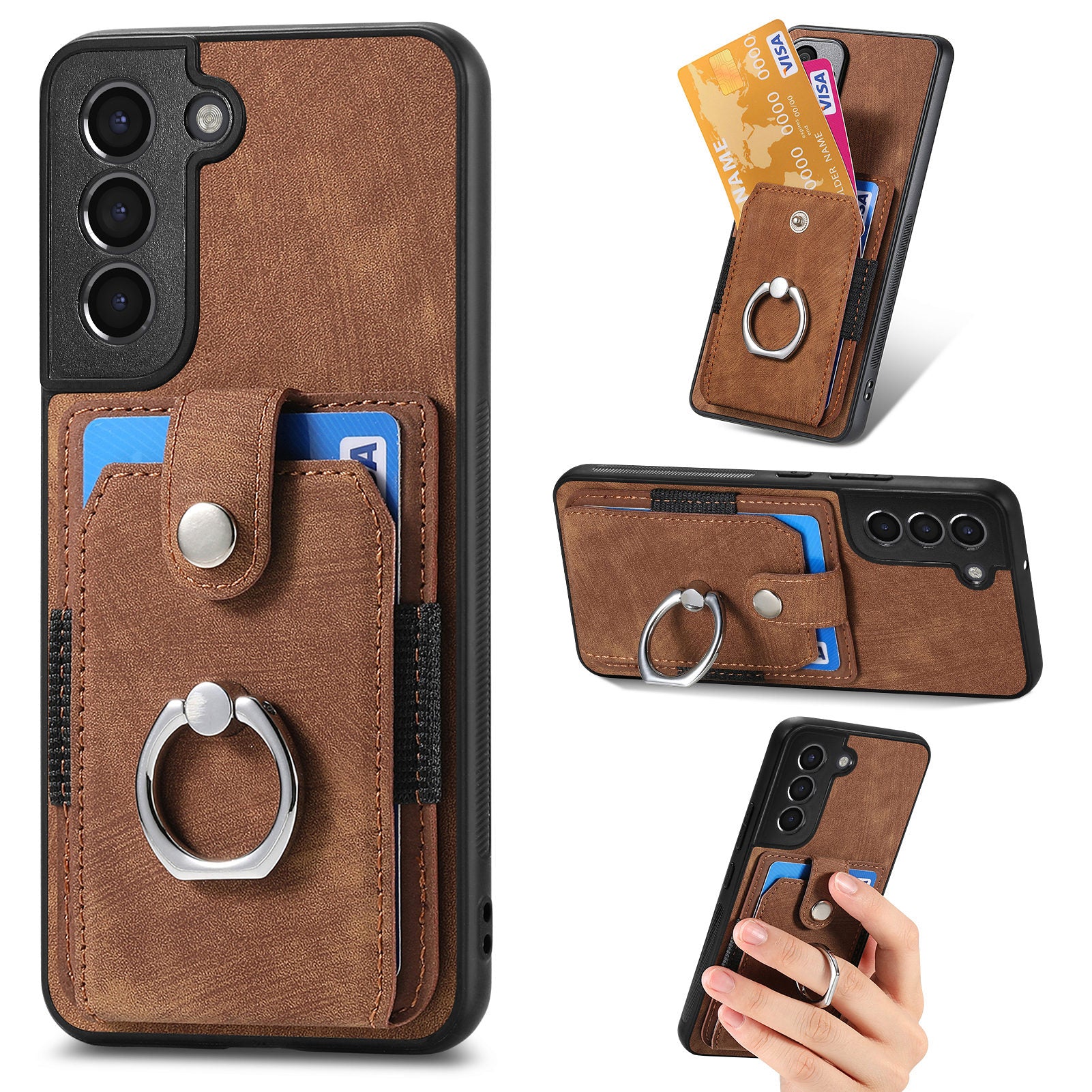 Phone Case for Samsung Galaxy S21 4G / 5G PU Leather PC TPU Card Slot Cover with Ring Kickstand