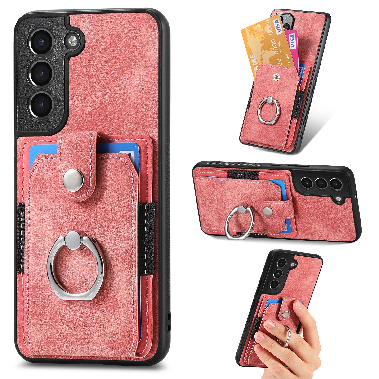 Card Holder Phone Case for Samsung Galaxy S21 5G PU Leather PC TPU Cover with Ring Kickstand