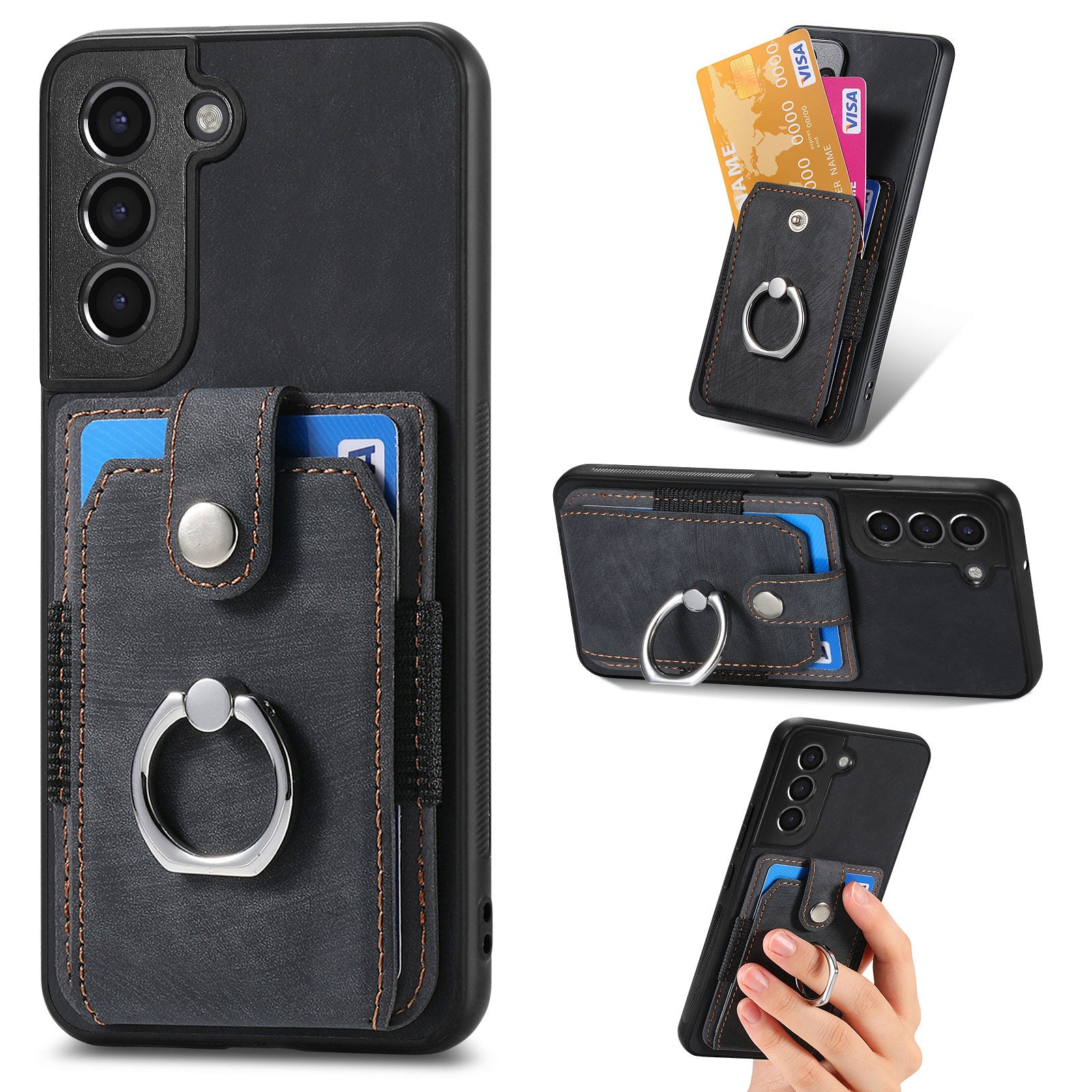 Card Holder Phone Case for Samsung Galaxy S21 5G PU Leather PC TPU Cover with Ring Kickstand