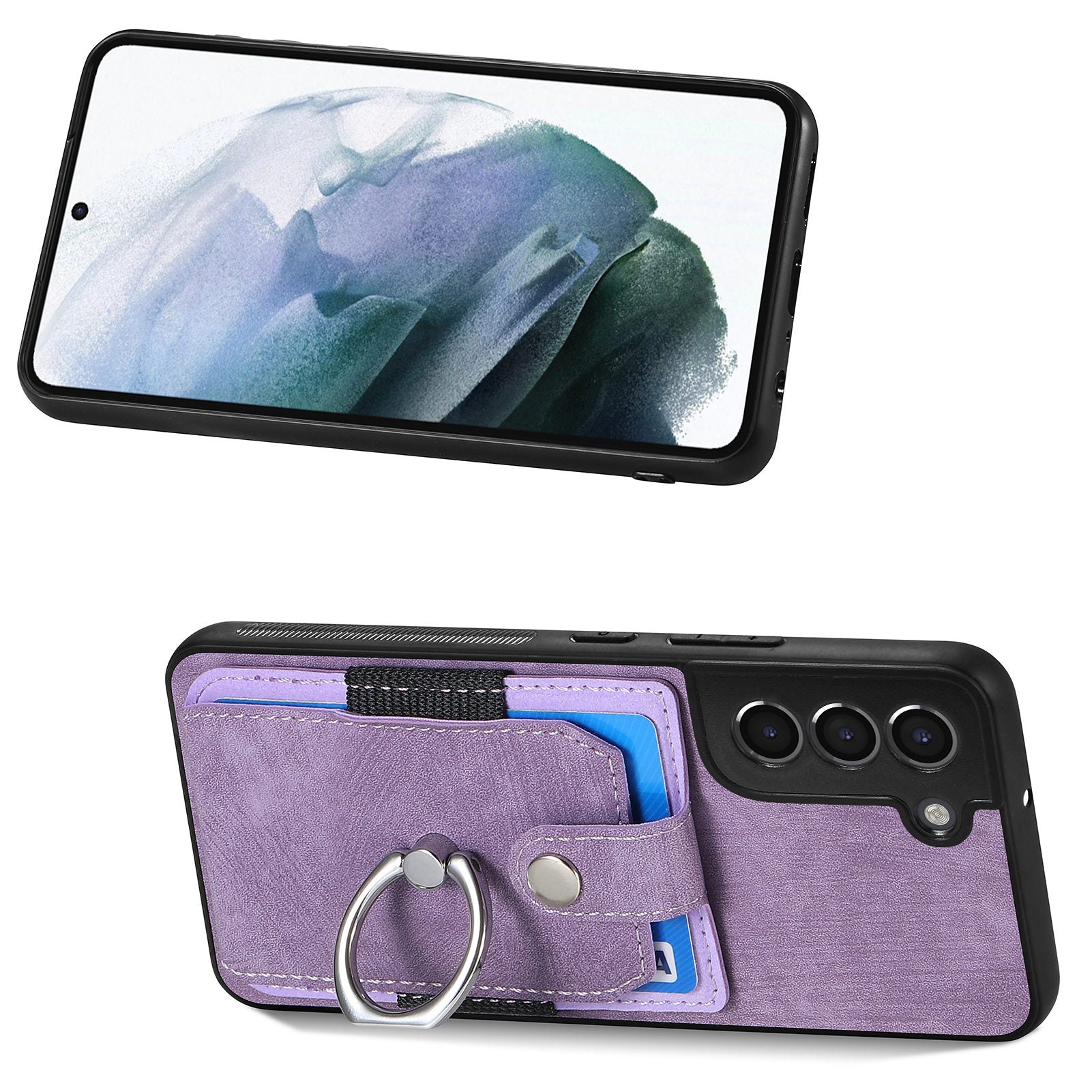 Card Holder Phone Case for Samsung Galaxy S21 5G PU Leather PC TPU Cover with Ring Kickstand