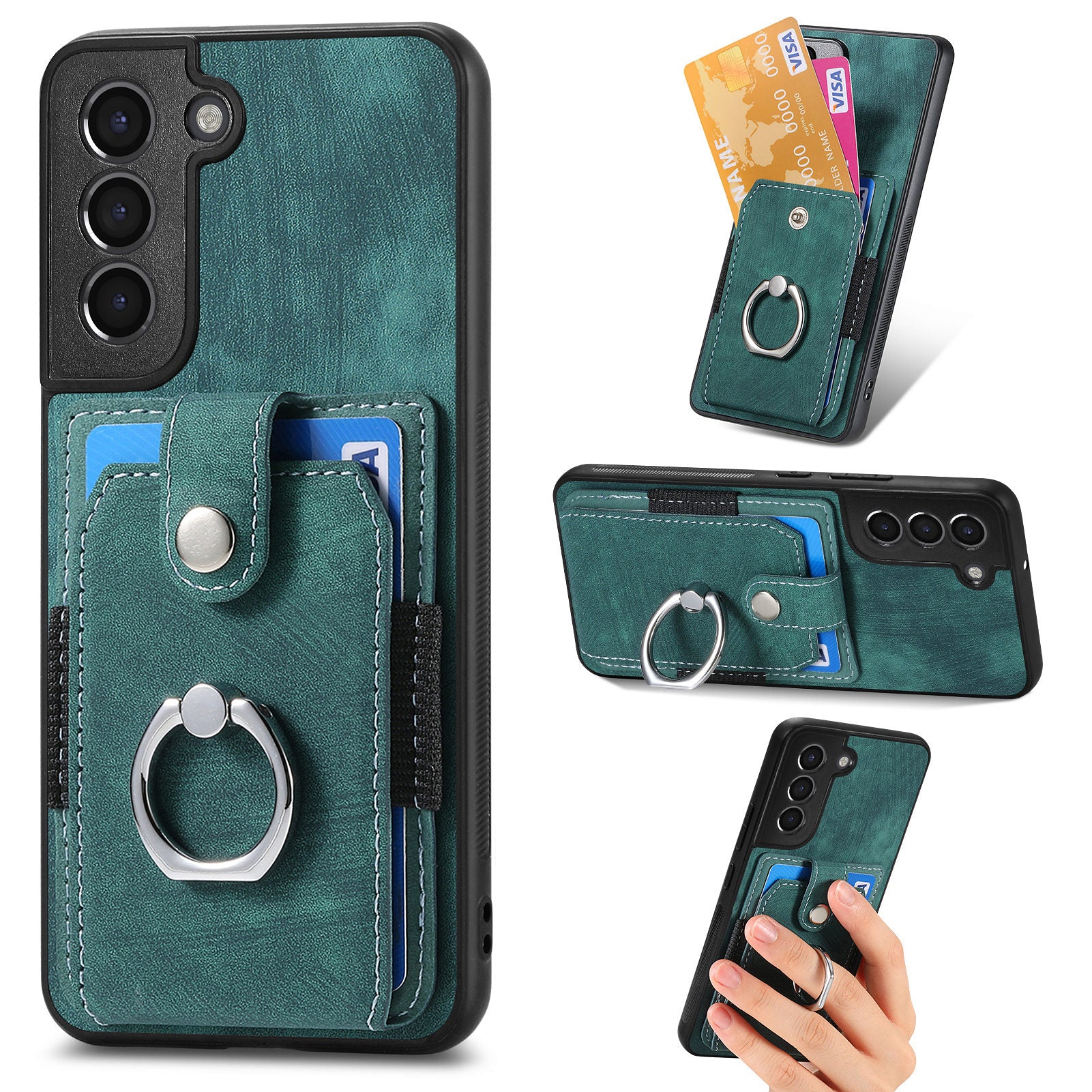 Card Holder Phone Case for Samsung Galaxy S21 5G PU Leather PC TPU Cover with Ring Kickstand