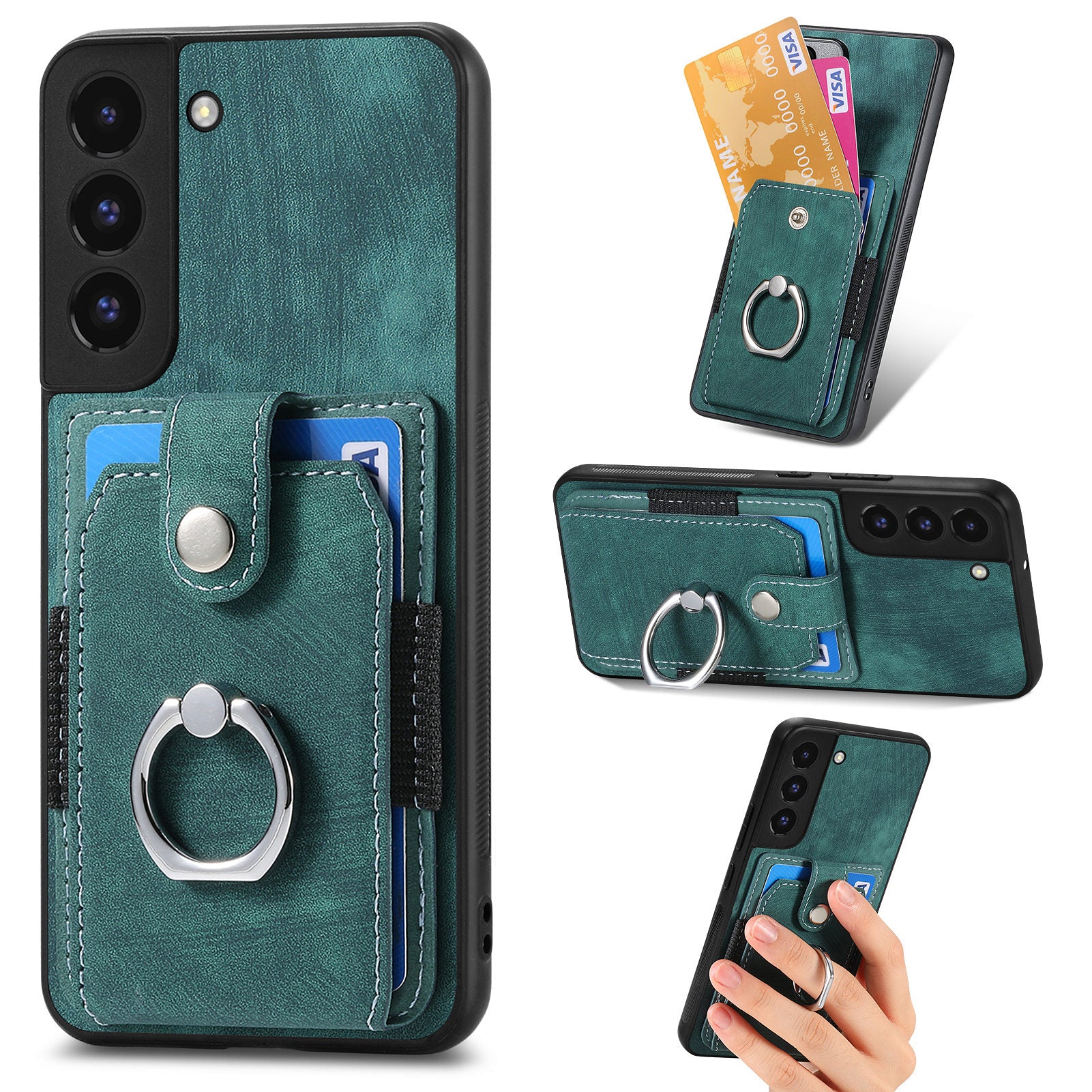 For Samsung Galaxy S22 5G Card Holder PU Leather PC TPU Cover with Ring Kickstand Anti-fall Phone Case