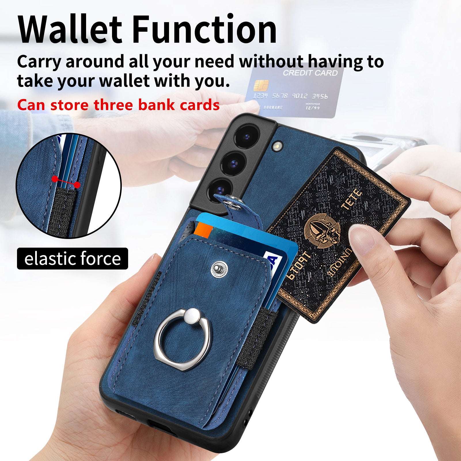 For Samsung Galaxy S22 5G Card Holder PU Leather PC TPU Cover with Ring Kickstand Anti-fall Phone Case