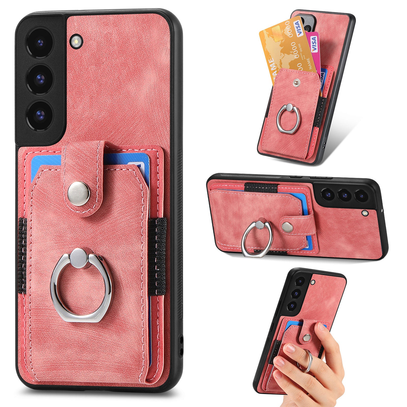 For Samsung Galaxy S22 5G Card Holder PU Leather PC TPU Cover with Ring Kickstand Anti-fall Phone Case