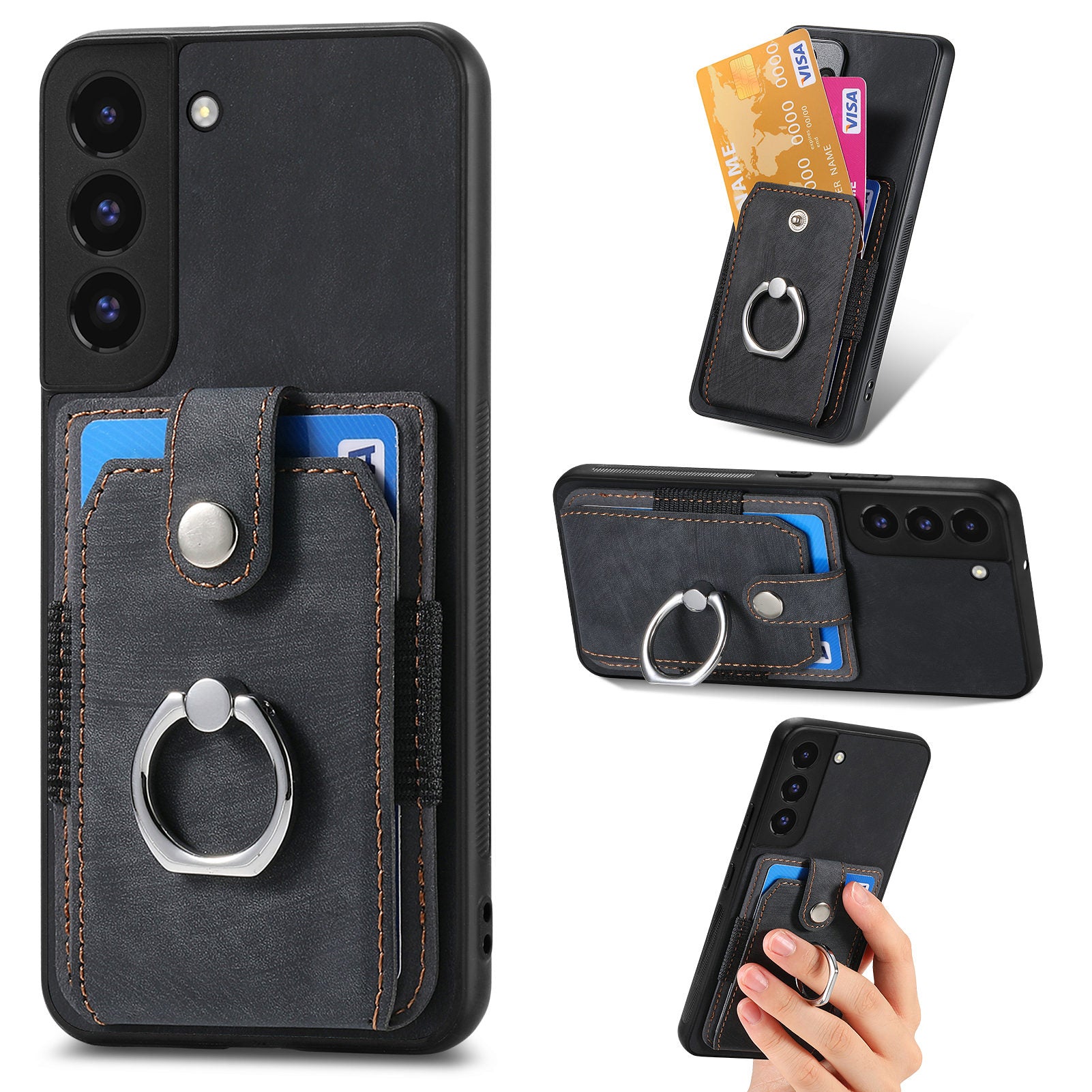 For Samsung Galaxy S22 5G Card Holder PU Leather PC TPU Cover with Ring Kickstand Anti-fall Phone Case