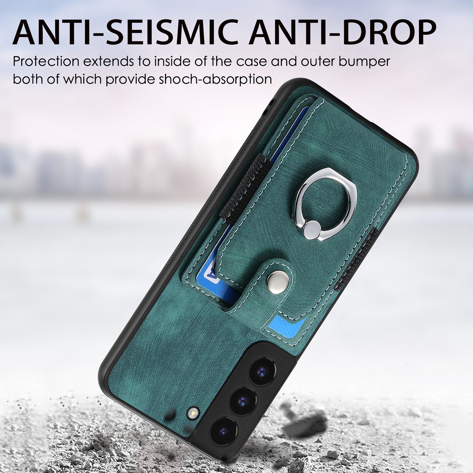 For Samsung Galaxy S22 5G Card Holder PU Leather PC TPU Cover with Ring Kickstand Anti-fall Phone Case