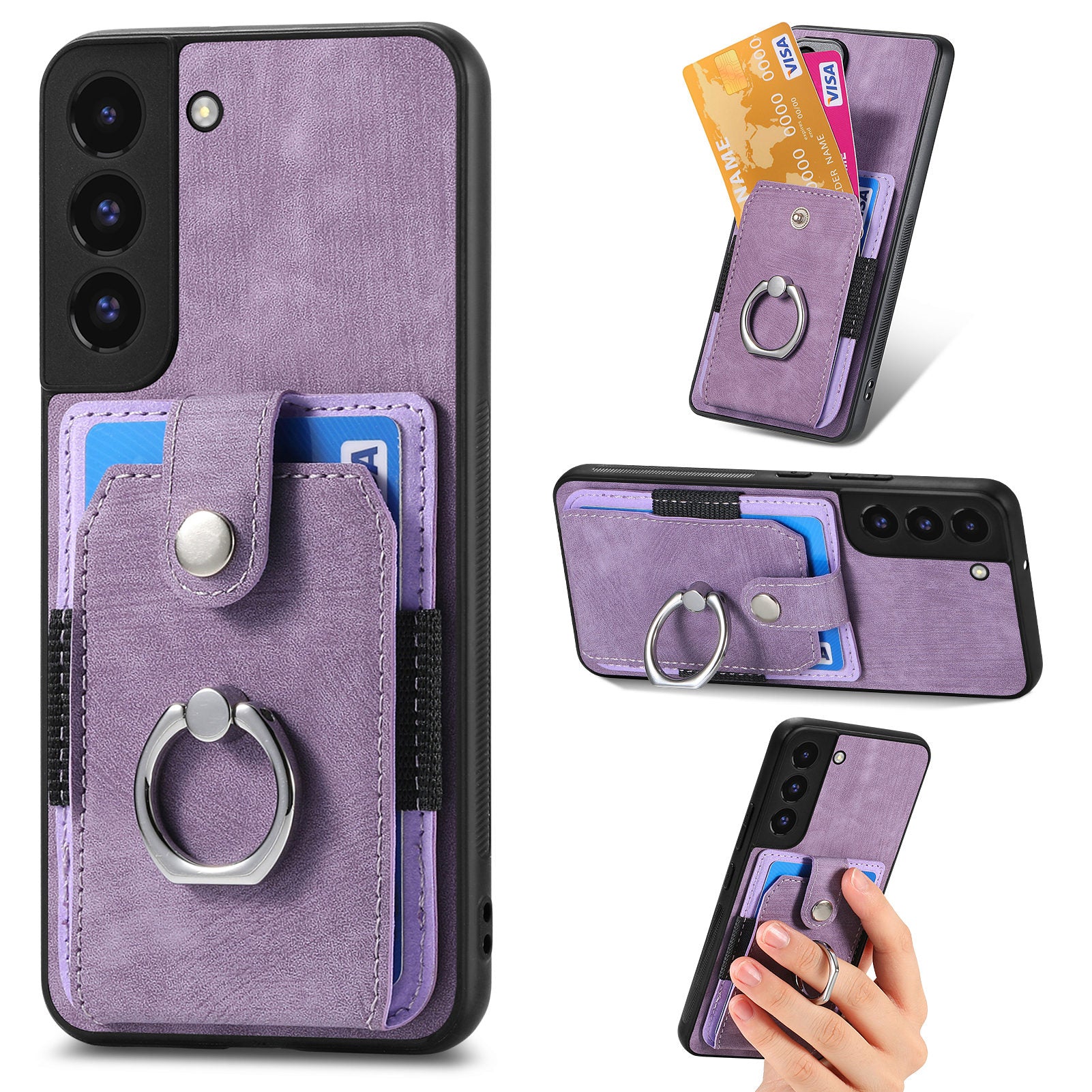 For Samsung Galaxy S22 5G Card Holder PU Leather PC TPU Cover with Ring Kickstand Anti-fall Phone Case