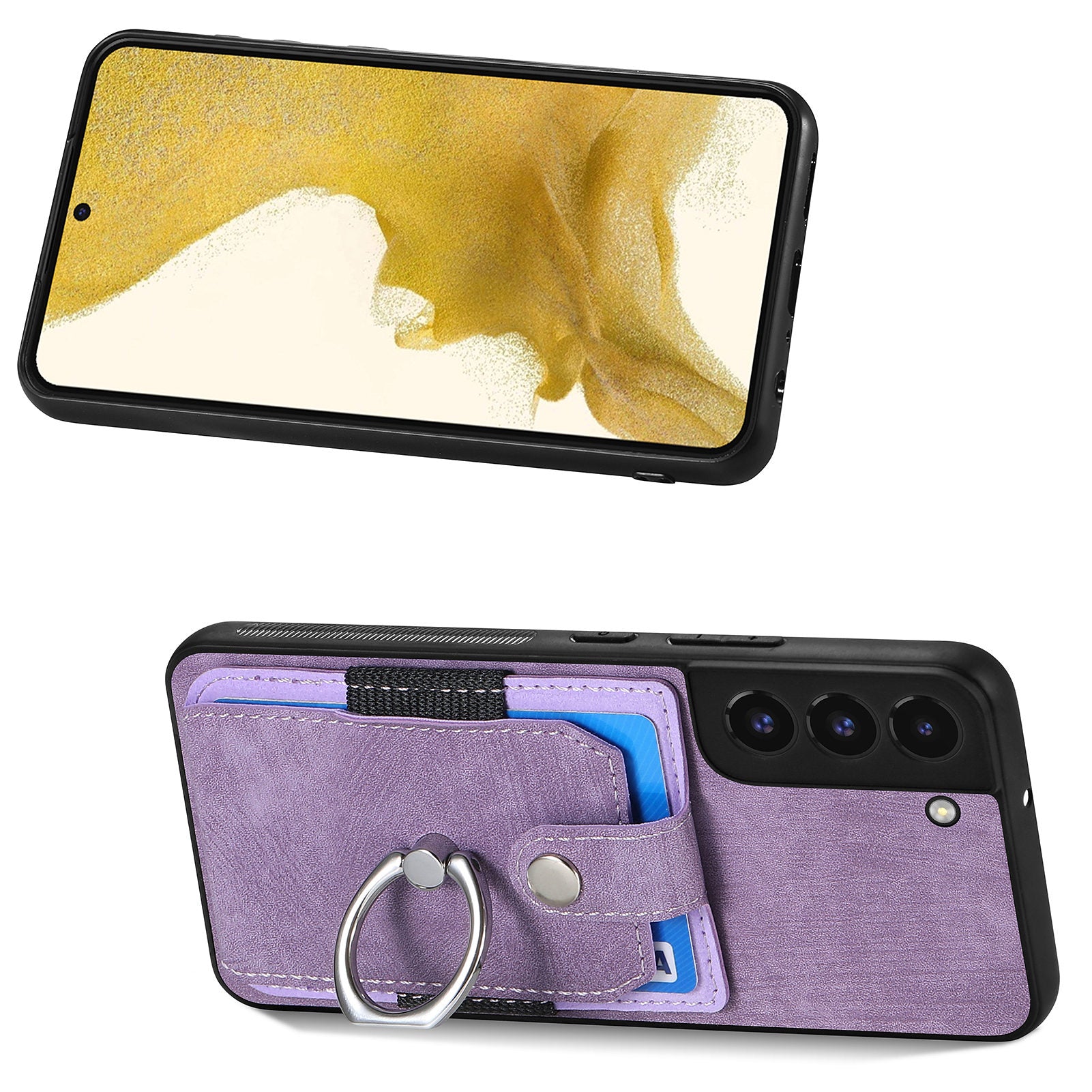 For Samsung Galaxy S22 5G Card Holder PU Leather PC TPU Cover with Ring Kickstand Anti-fall Phone Case