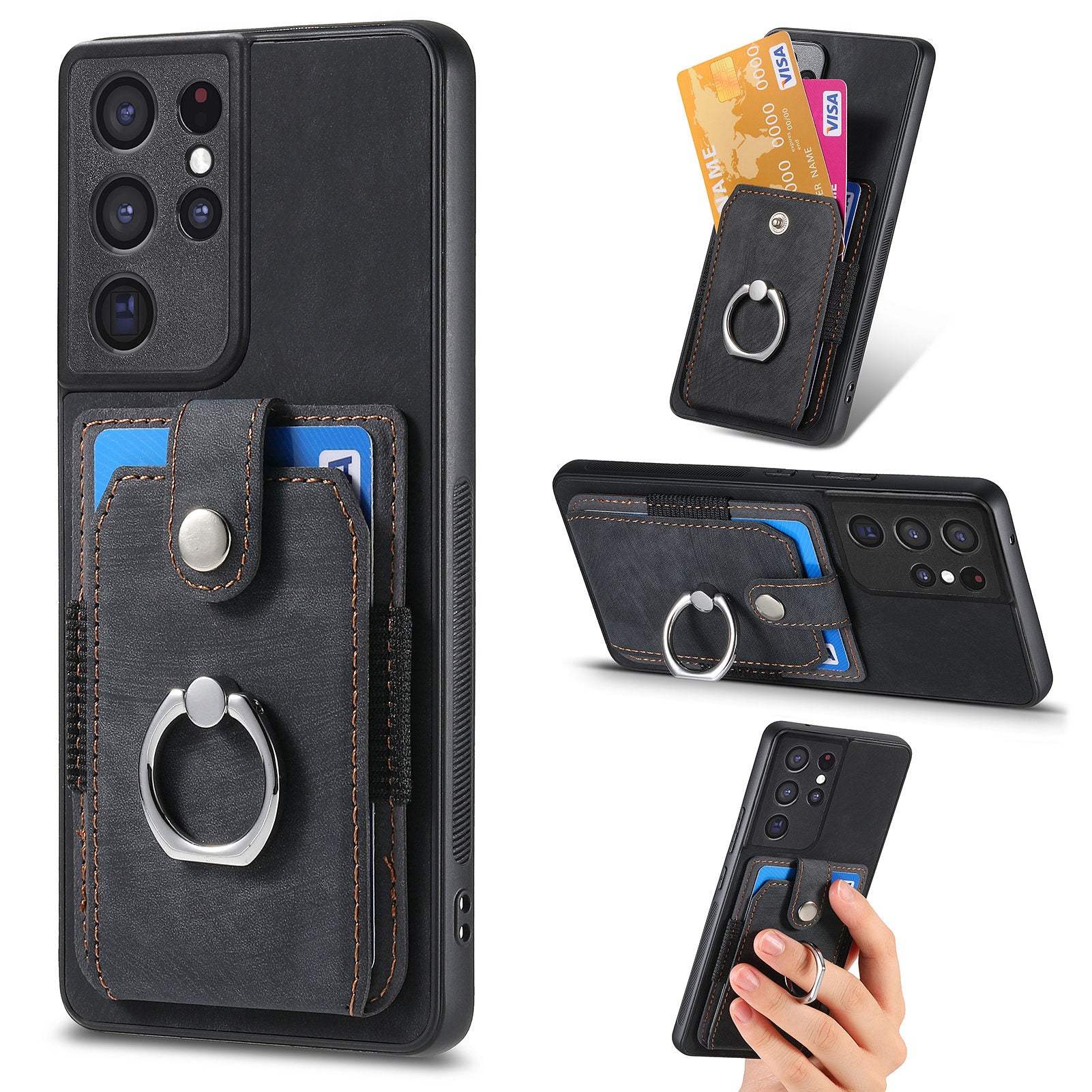 For Samsung Galaxy S21 Ultra 5G PU Leather PC TPU Cover Card Holder Phone Case with Ring Kickstand