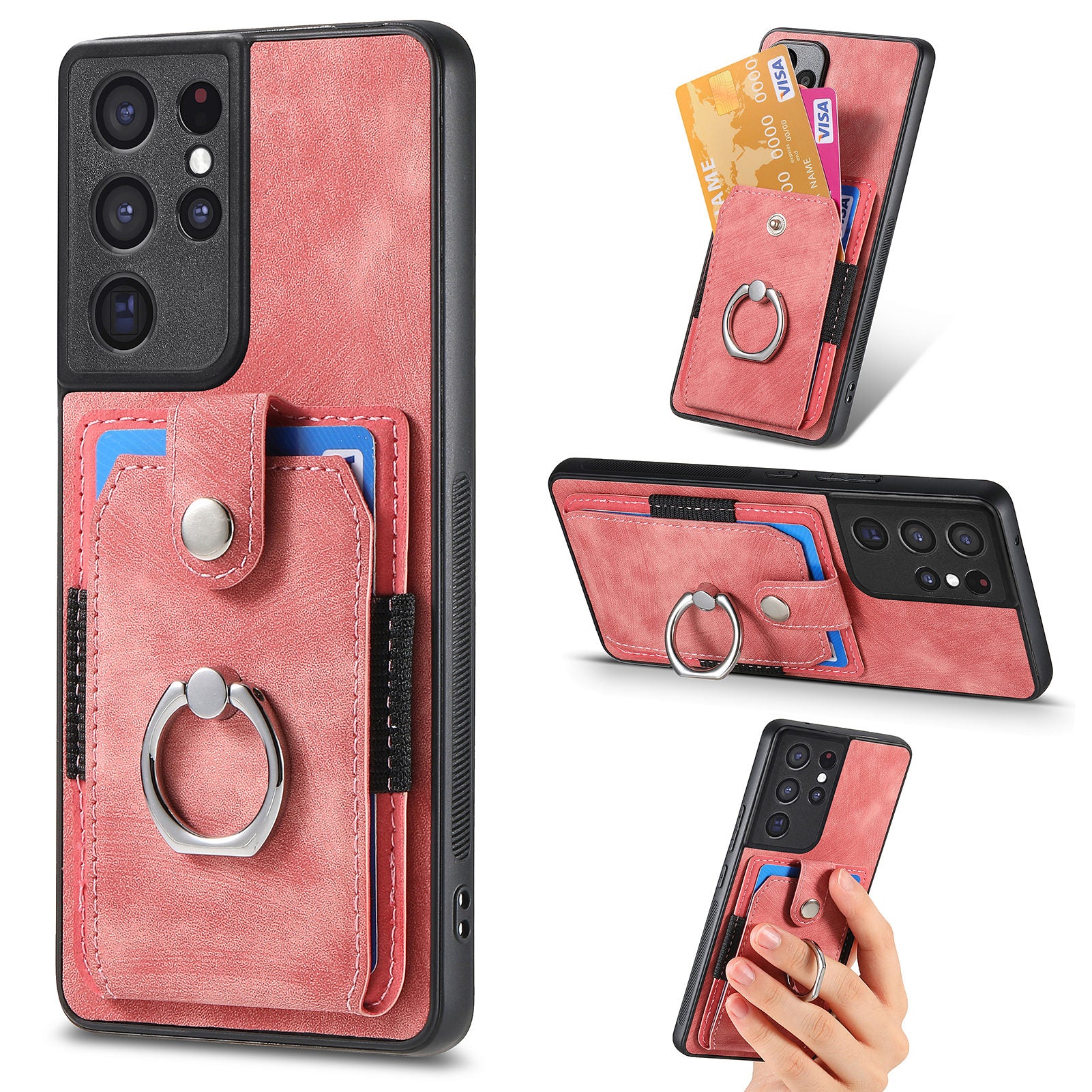 For Samsung Galaxy S21 Ultra 5G PU Leather PC TPU Cover Card Holder Phone Case with Ring Kickstand