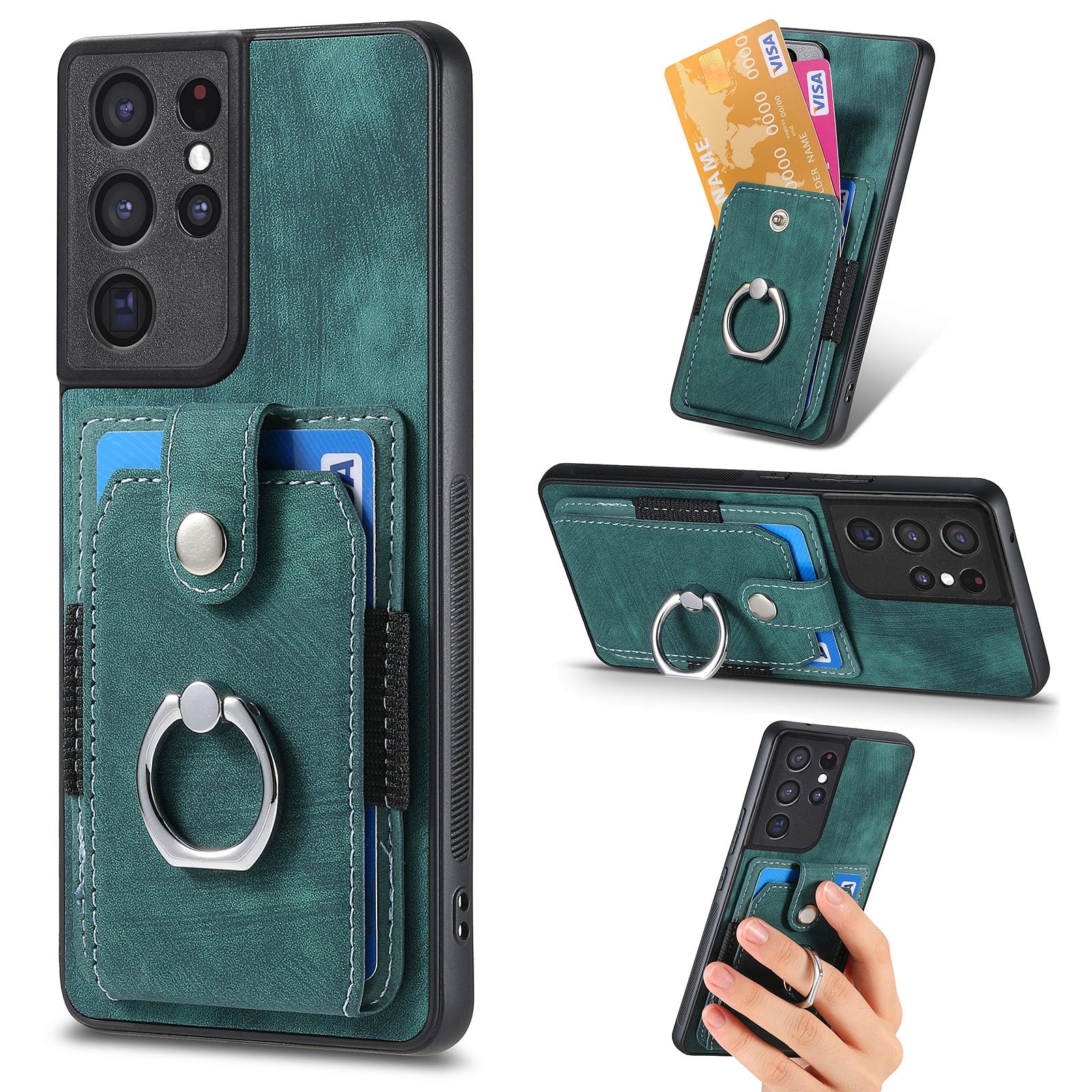 For Samsung Galaxy S21 Ultra 5G PU Leather PC TPU Cover Card Holder Phone Case with Ring Kickstand