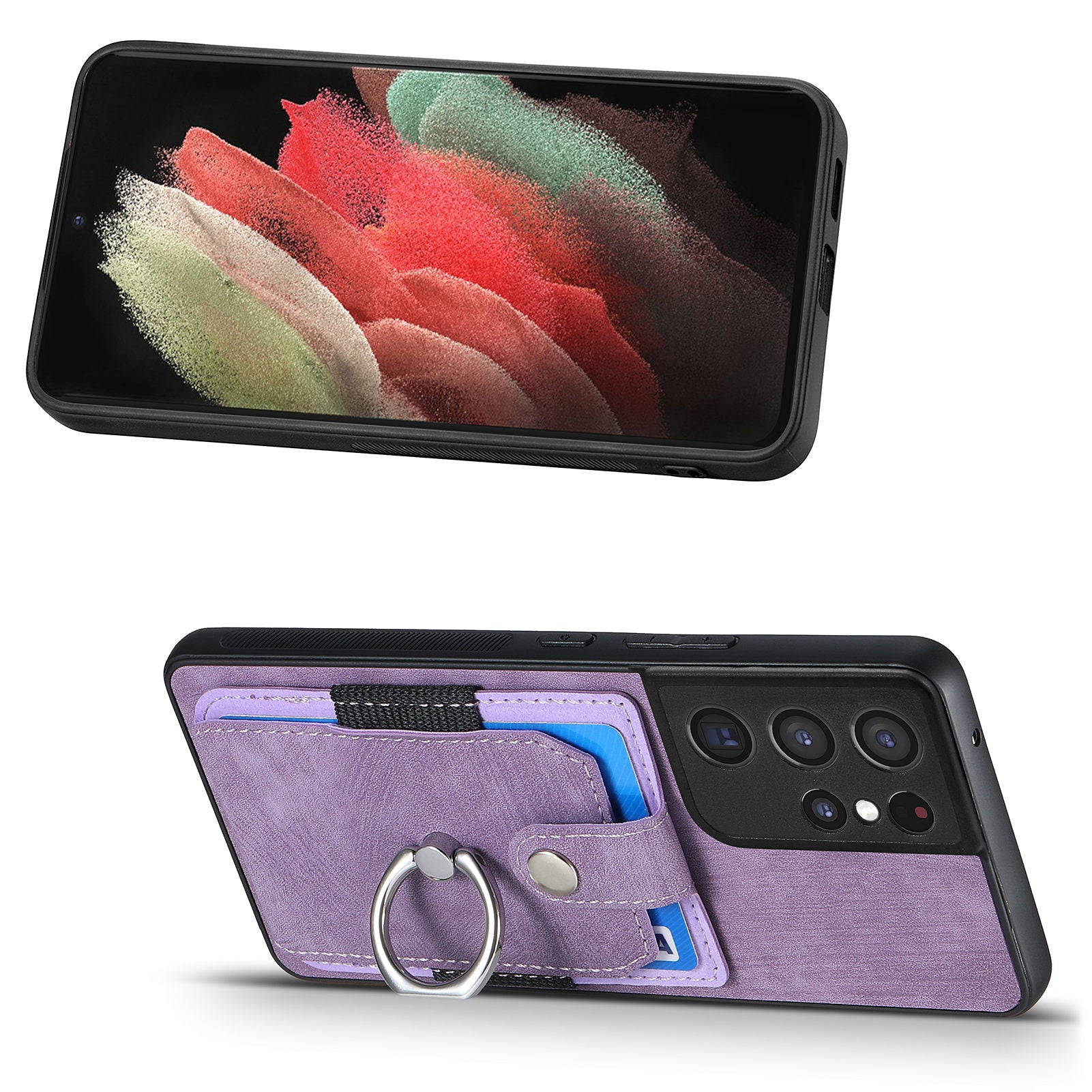 For Samsung Galaxy S21 Ultra 5G PU Leather PC TPU Cover Card Holder Phone Case with Ring Kickstand