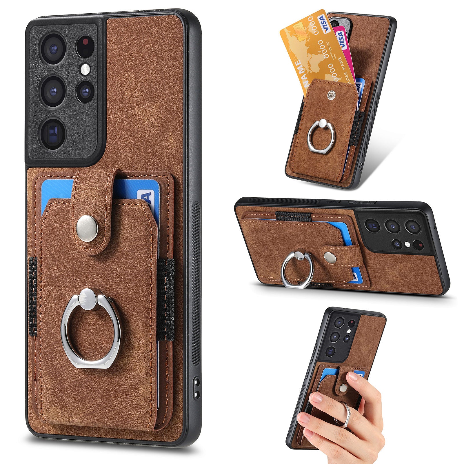 For Samsung Galaxy S21 Ultra 5G PU Leather PC TPU Cover Card Holder Phone Case with Ring Kickstand