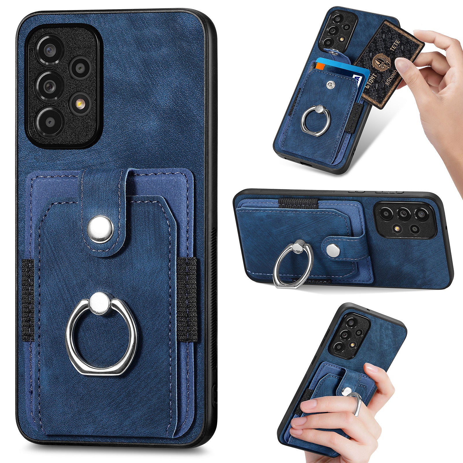 For Samsung Galaxy A53 5G Card Slot Anti-Scratch Phone Case Ring Holder Kickstand PU Leather PC TPU Cover