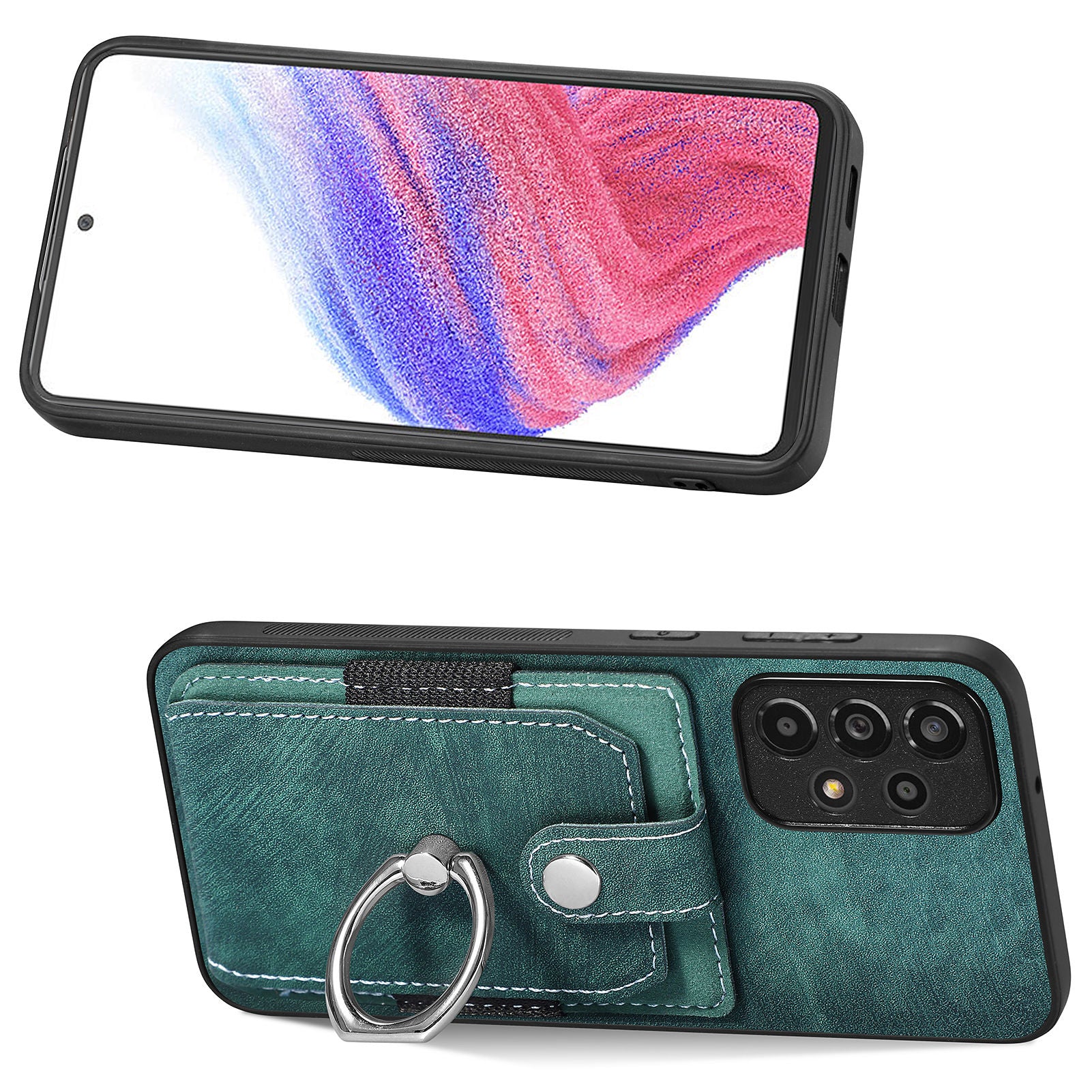 For Samsung Galaxy A53 5G Card Slot Anti-Scratch Phone Case Ring Holder Kickstand PU Leather PC TPU Cover