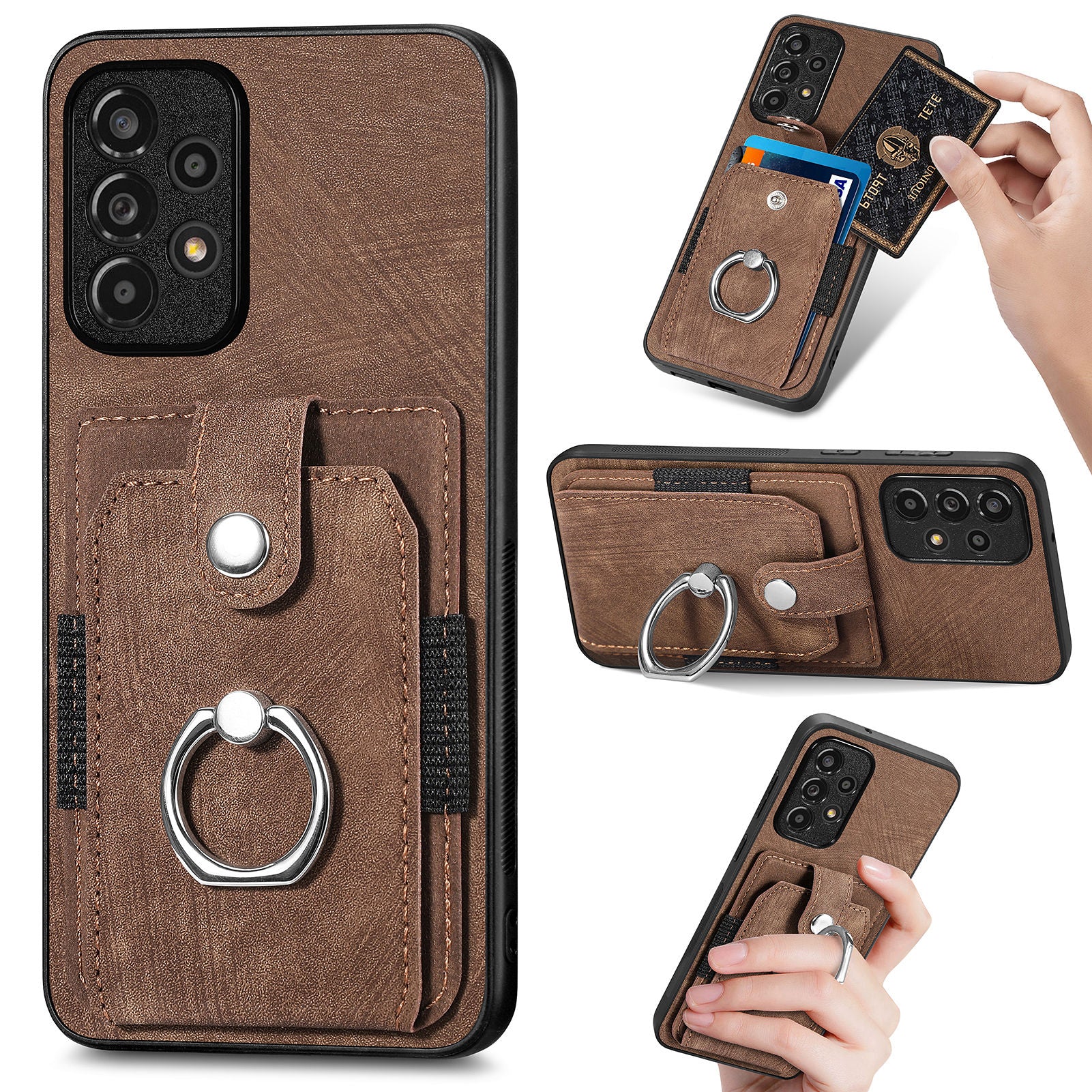 For Samsung Galaxy A53 5G Card Slot Anti-Scratch Phone Case Ring Holder Kickstand PU Leather PC TPU Cover