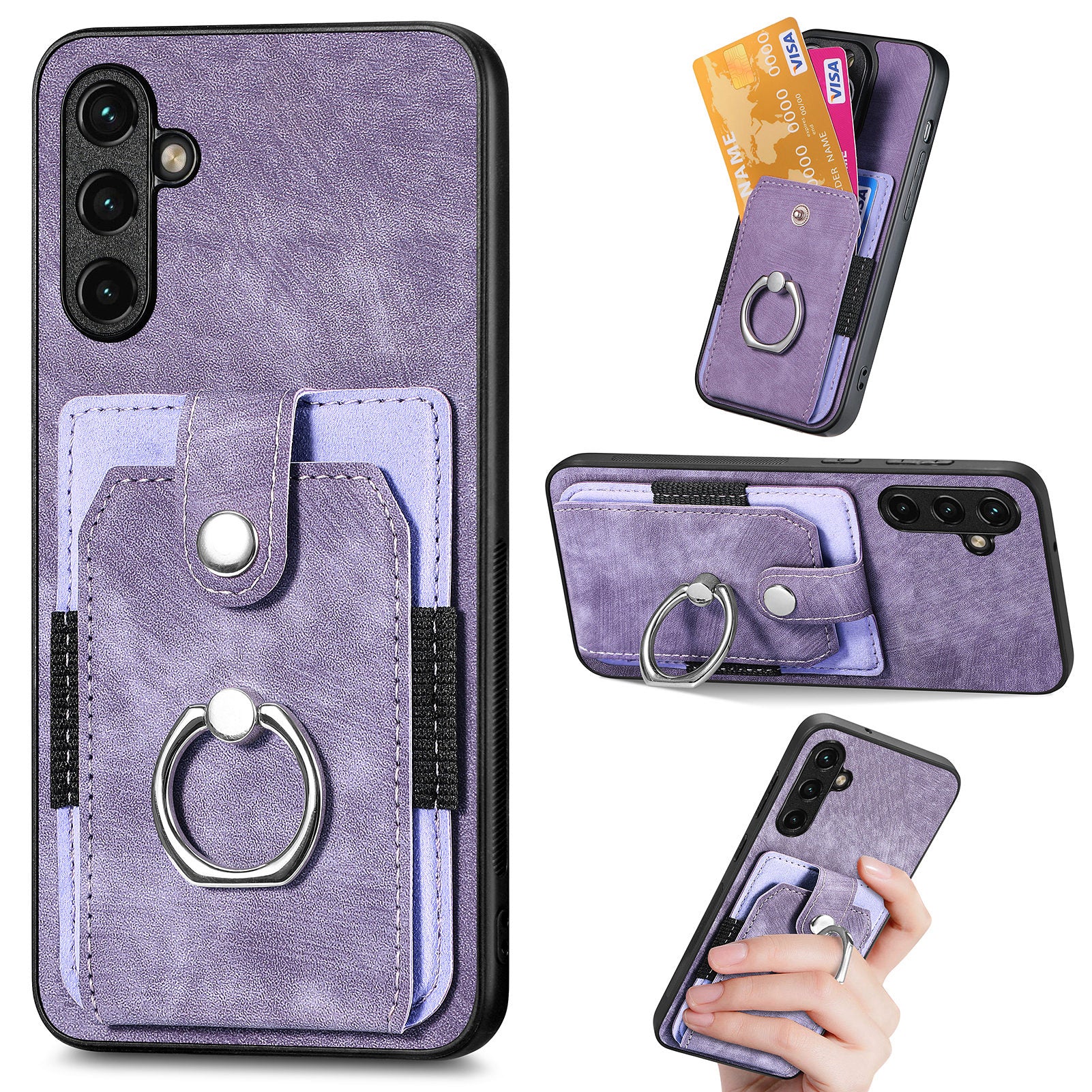 For Samsung Galaxy A14 5G PU Leather PC TPU Phone Case Ring Holder Kickstand Card Slot Shell