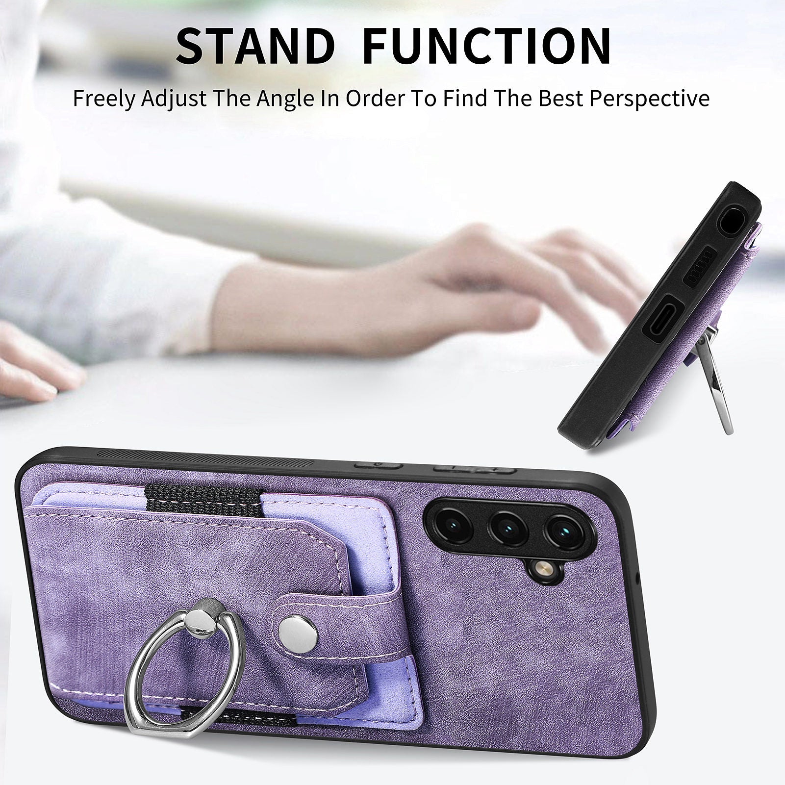 For Samsung Galaxy A14 5G PU Leather PC TPU Phone Case Ring Holder Kickstand Card Slot Shell