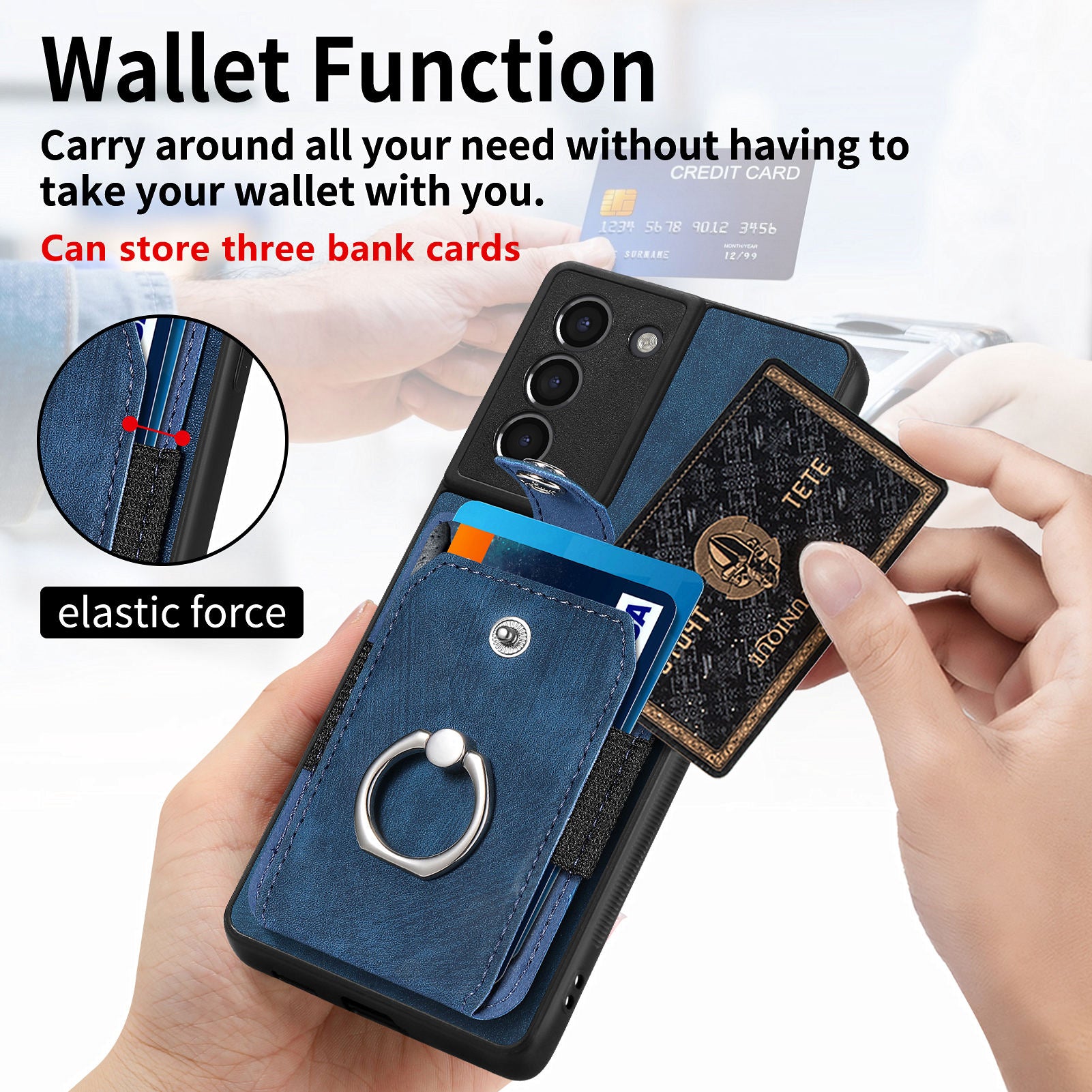 Til Samsung Galaxy S21 FE 5G Kortholder Telefon Case PU Læder TPU PC Slim Telefon Cover med Ring Kickstand