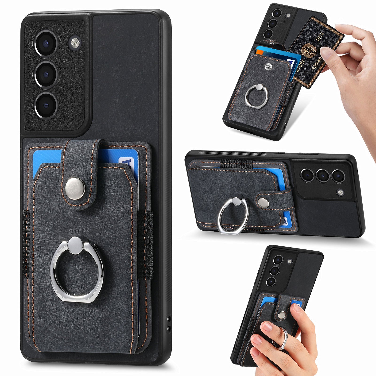 Til Samsung Galaxy S21 FE 5G Kortholder Telefon Case PU Læder TPU PC Slim Telefon Cover med Ring Kickstand